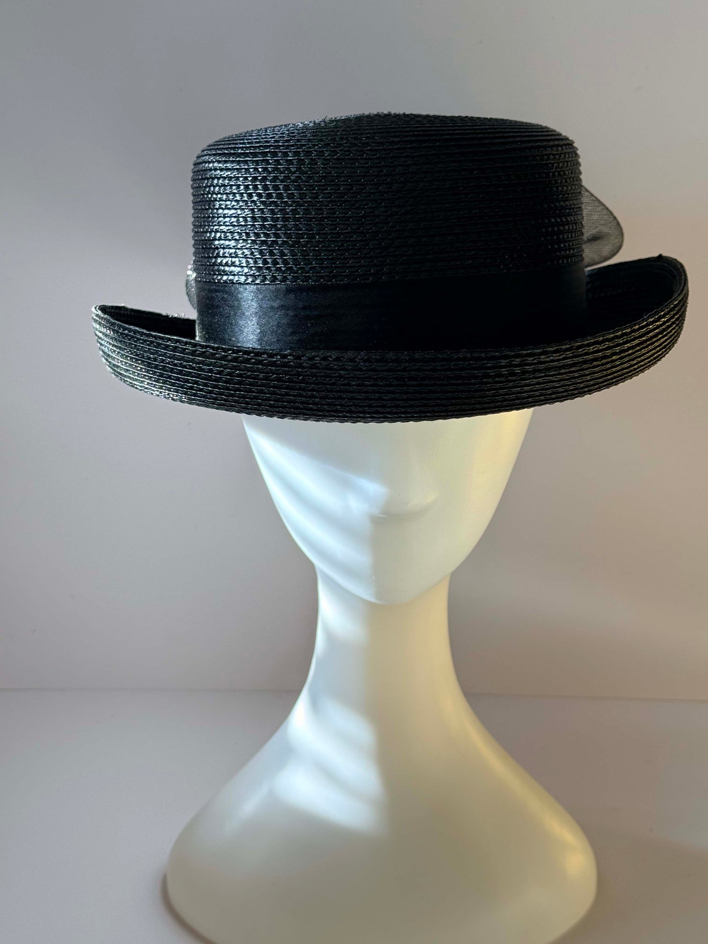 Vintage 1990s Black Straw Boater Hat Wide Brim Sinamay Ribbon Bow Cocktail Hat Derby Formal Occasion Millinery