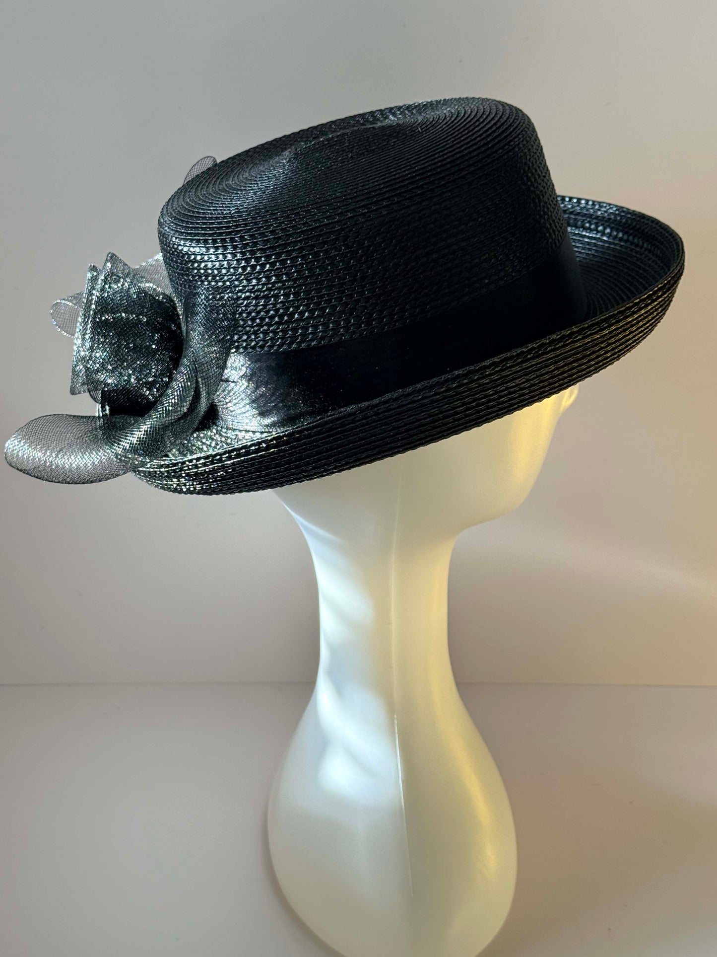 Vintage 1990s Black Straw Boater Hat Wide Brim Sinamay Ribbon Bow Cocktail Hat Derby Formal Occasion Millinery