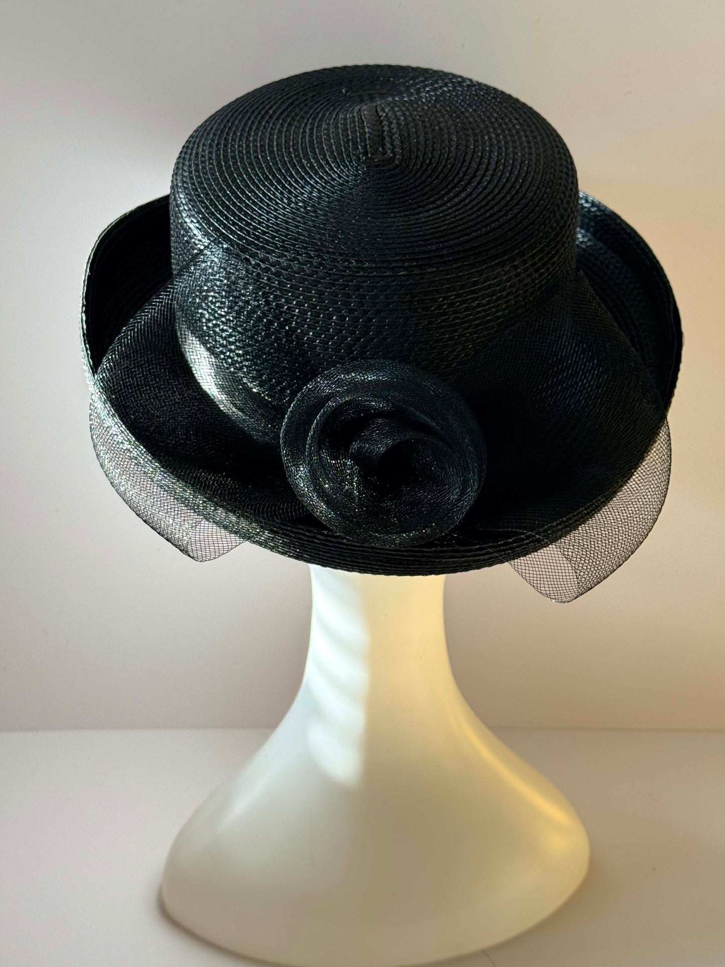 Vintage 1990s Black Straw Boater Hat Wide Brim Sinamay Ribbon Bow Cocktail Hat Derby Formal Occasion Millinery