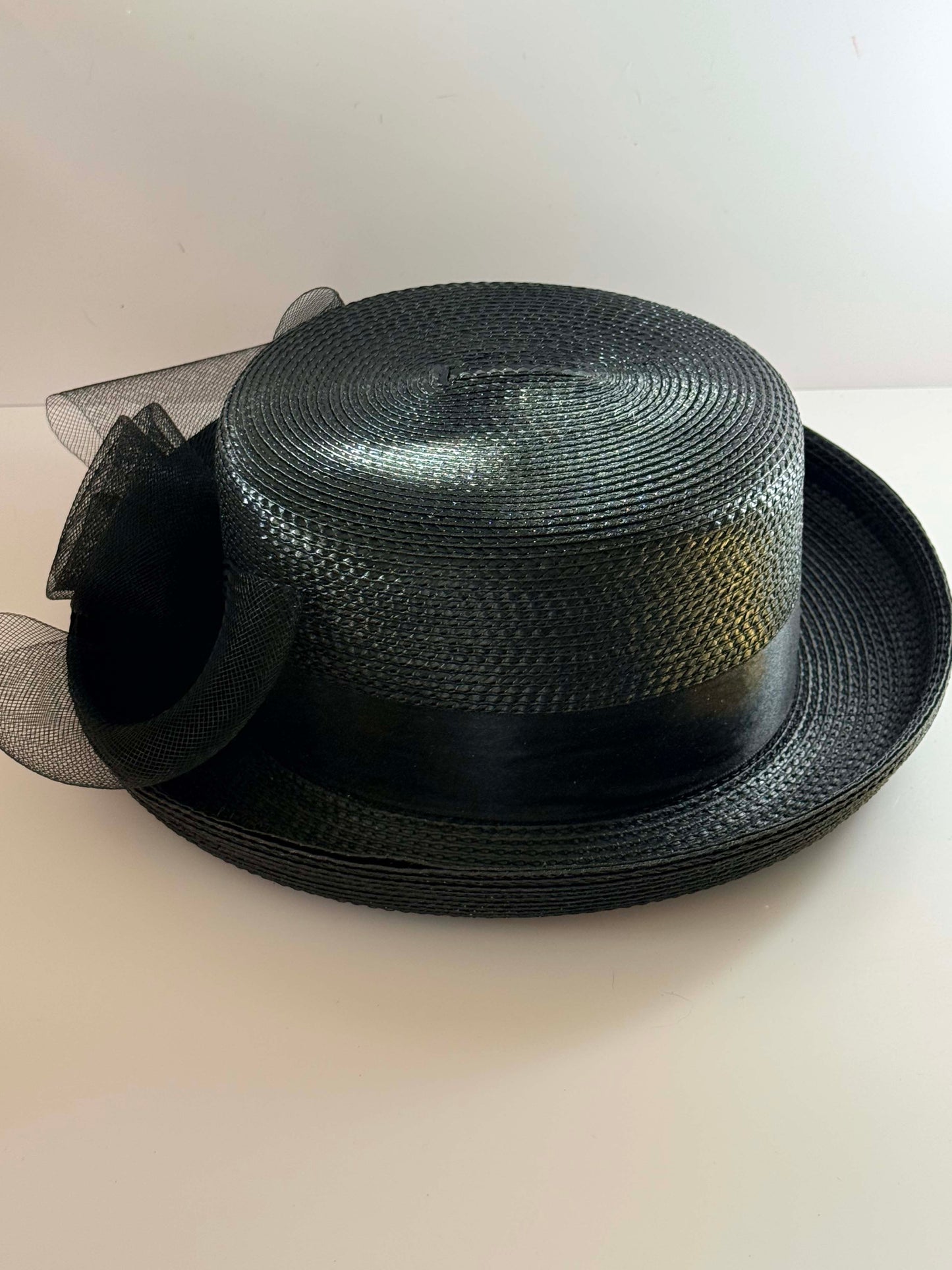 Vintage 1990s Black Straw Boater Hat Wide Brim Sinamay Ribbon Bow Cocktail Hat Derby Formal Occasion Millinery