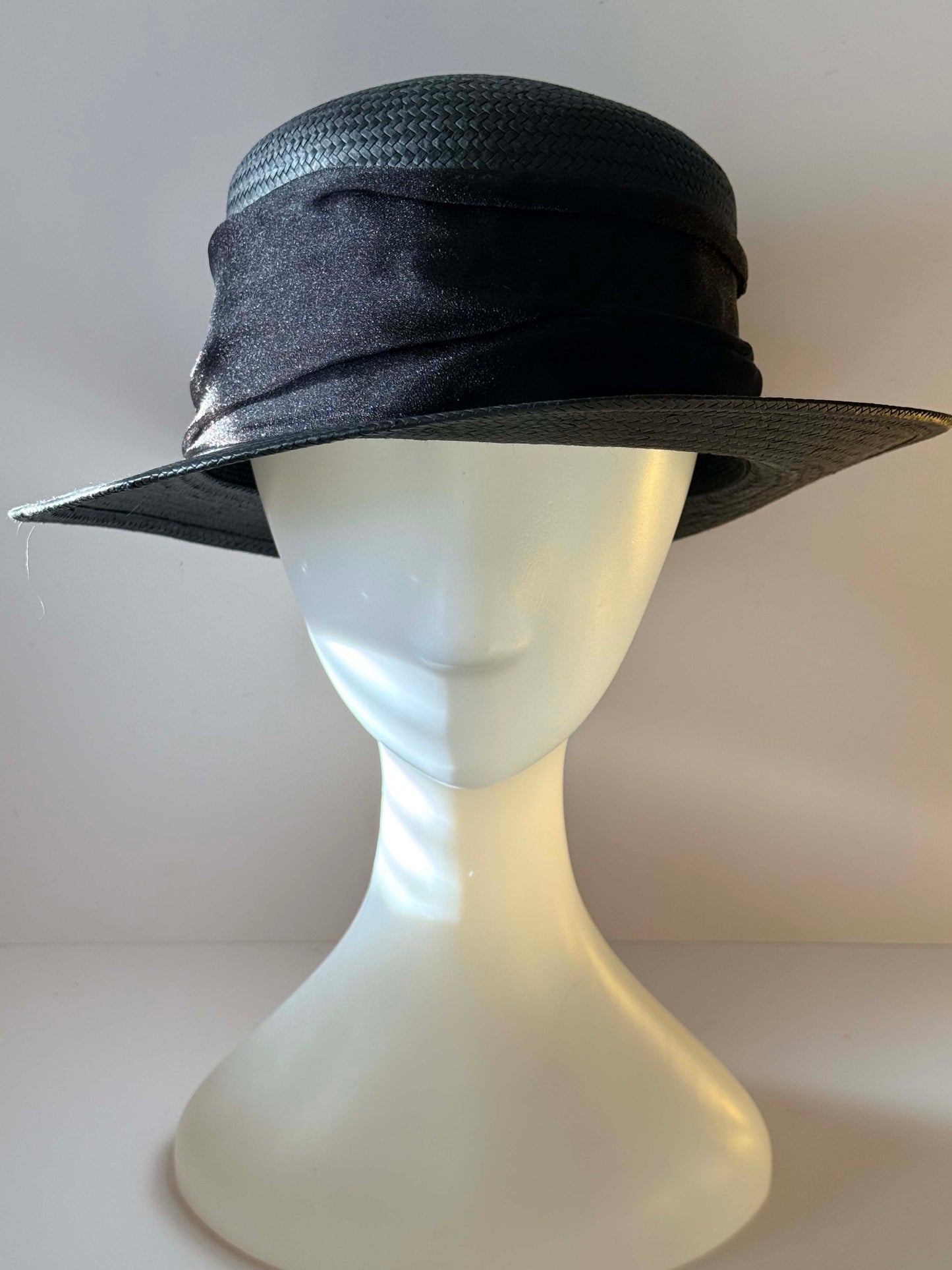 Vintage Black Straw Wide Brim Hat Cappelli Straworld Floral Cocktail Hat 1980s–1990s Elegant Occasion Hat