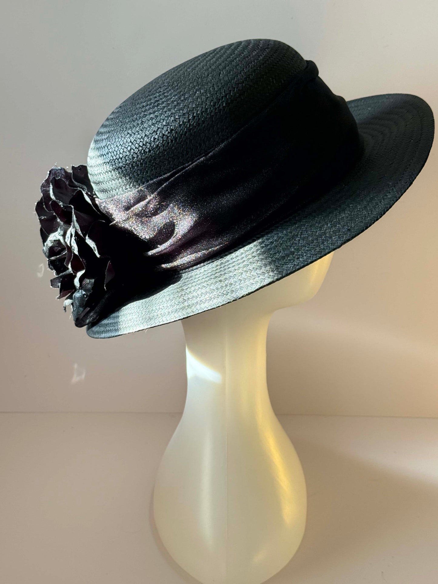Vintage Black Straw Wide Brim Hat Cappelli Straworld Floral Cocktail Hat 1980s–1990s Elegant Occasion Hat
