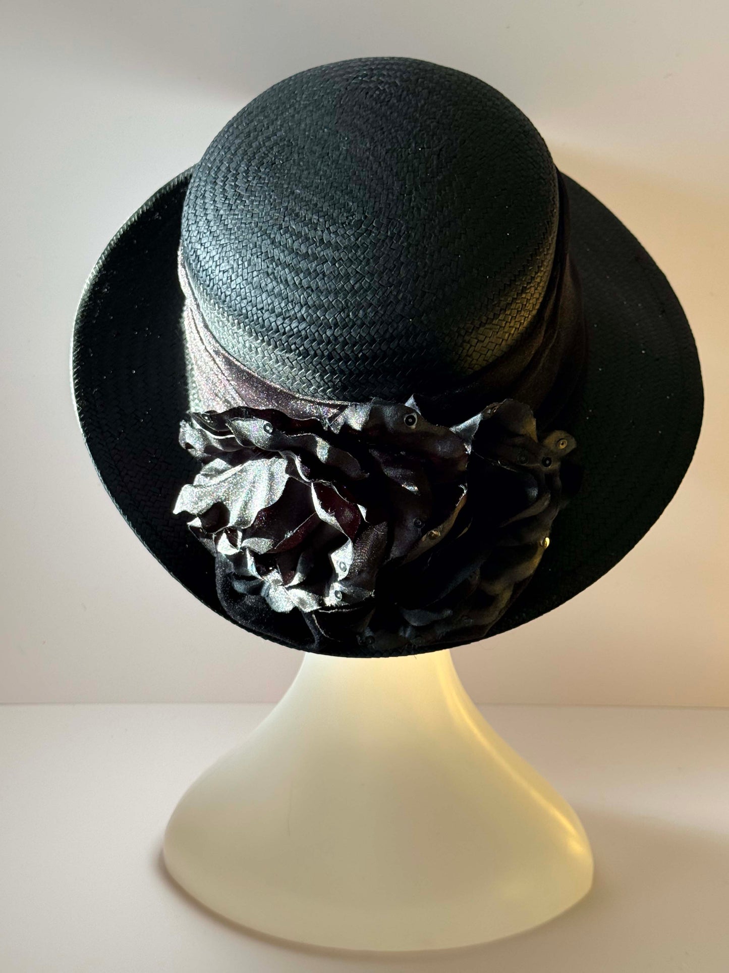 Vintage Black Straw Wide Brim Hat Cappelli Straworld Floral Cocktail Hat 1980s–1990s Elegant Occasion Hat