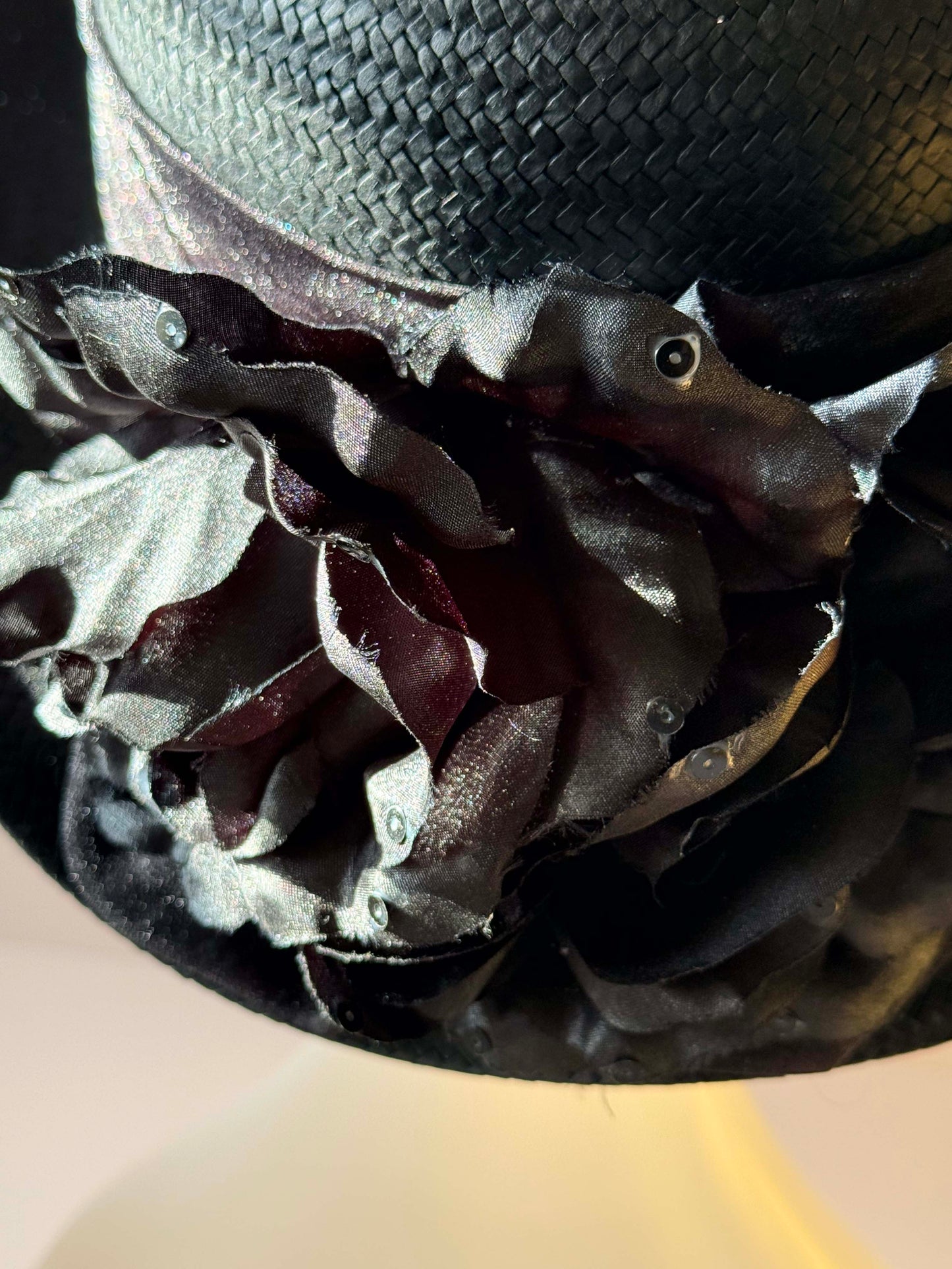 Vintage Black Straw Wide Brim Hat Cappelli Straworld Floral Cocktail Hat 1980s–1990s Elegant Occasion Hat
