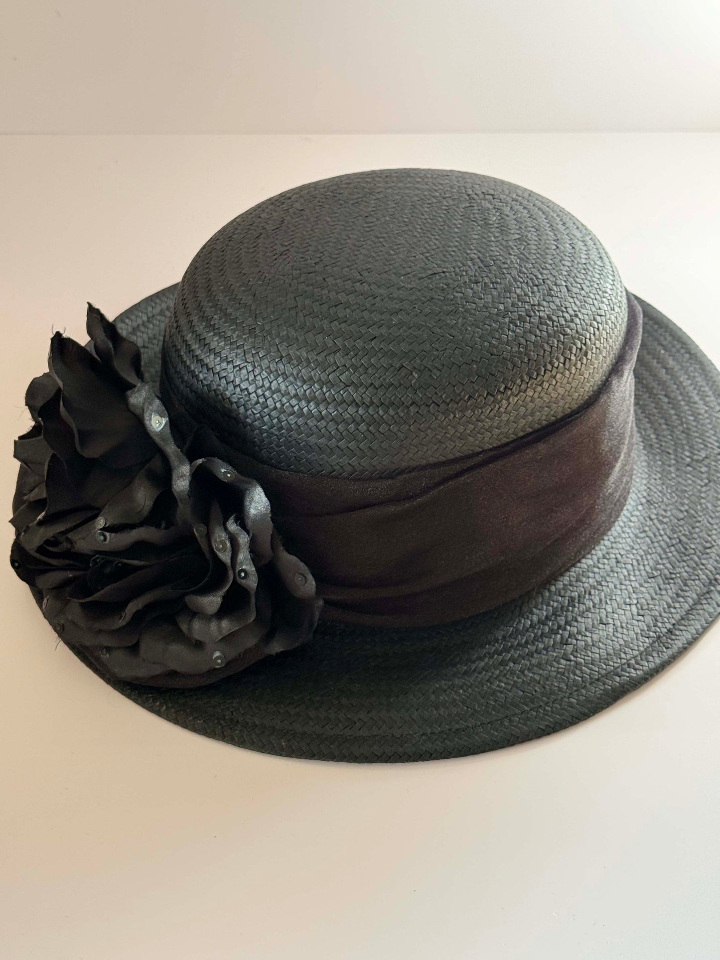 Vintage Black Straw Wide Brim Hat Cappelli Straworld Floral Cocktail Hat 1980s–1990s Elegant Occasion Hat