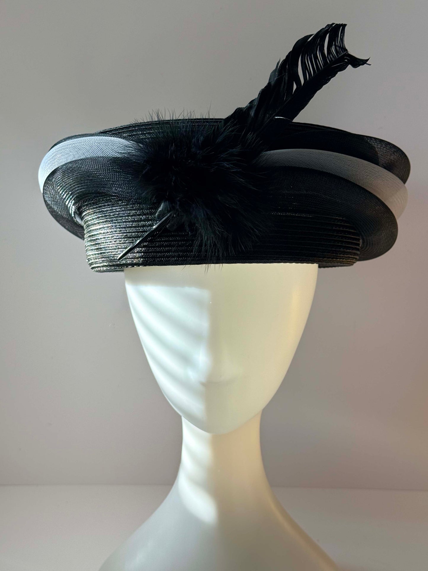 Vintage Black Straw Hat August Black Feather Cocktail Hat Wide Brim 1990s Designer Occasion Hat