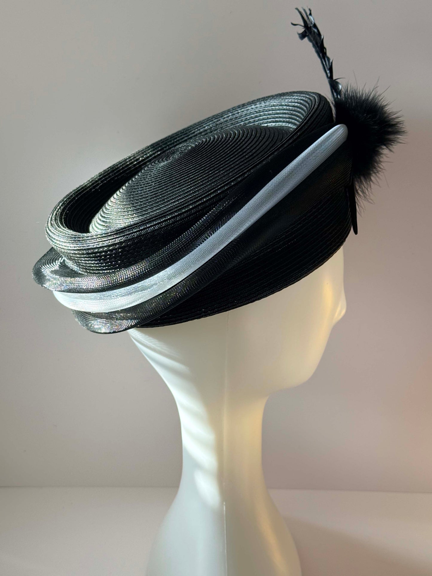 Vintage Black Straw Hat August Black Feather Cocktail Hat Wide Brim 1990s Designer Occasion Hat