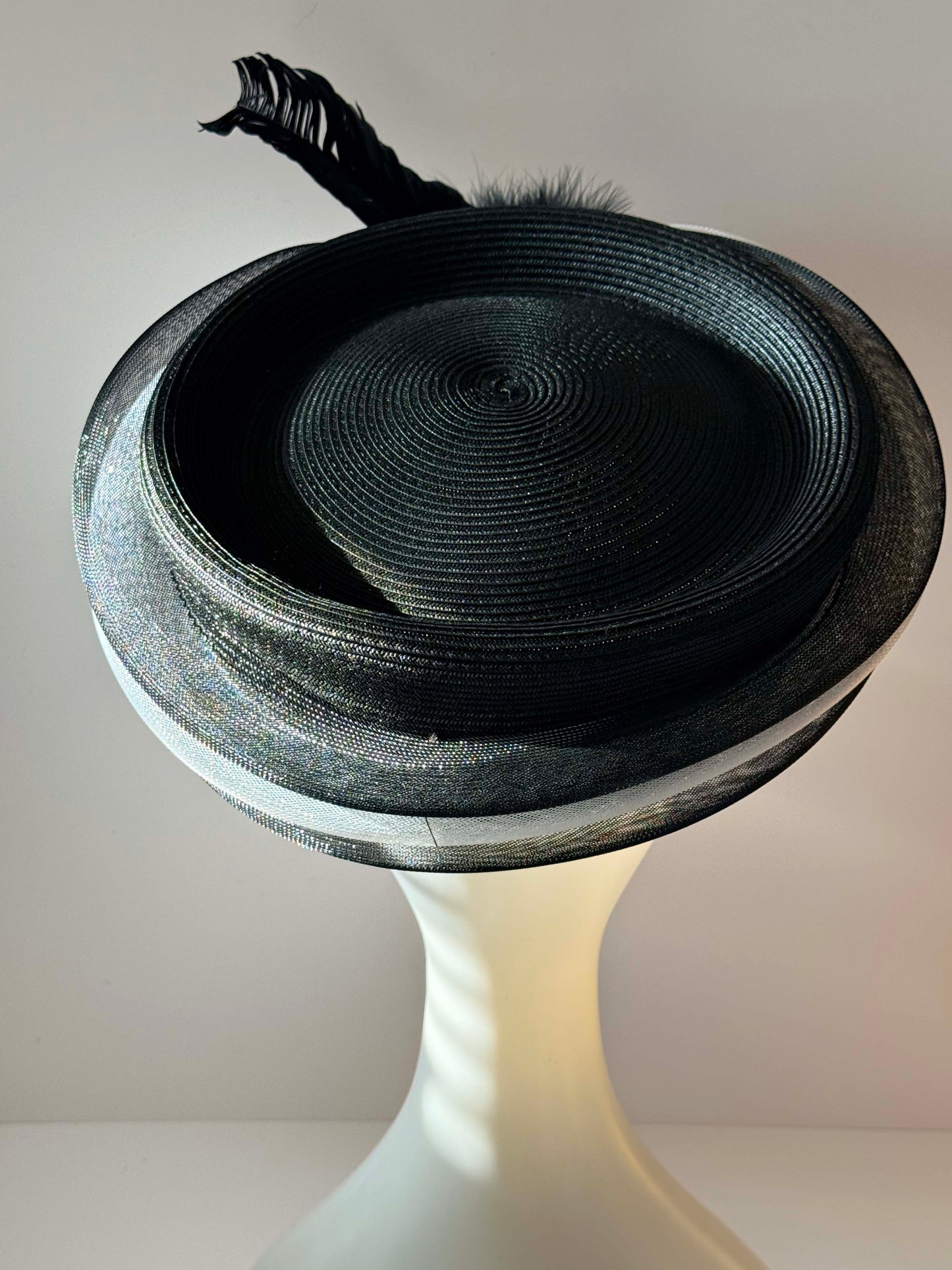 Vintage Black Straw Hat August Black Feather Cocktail Hat Wide Brim 1990s Designer Occasion Hat