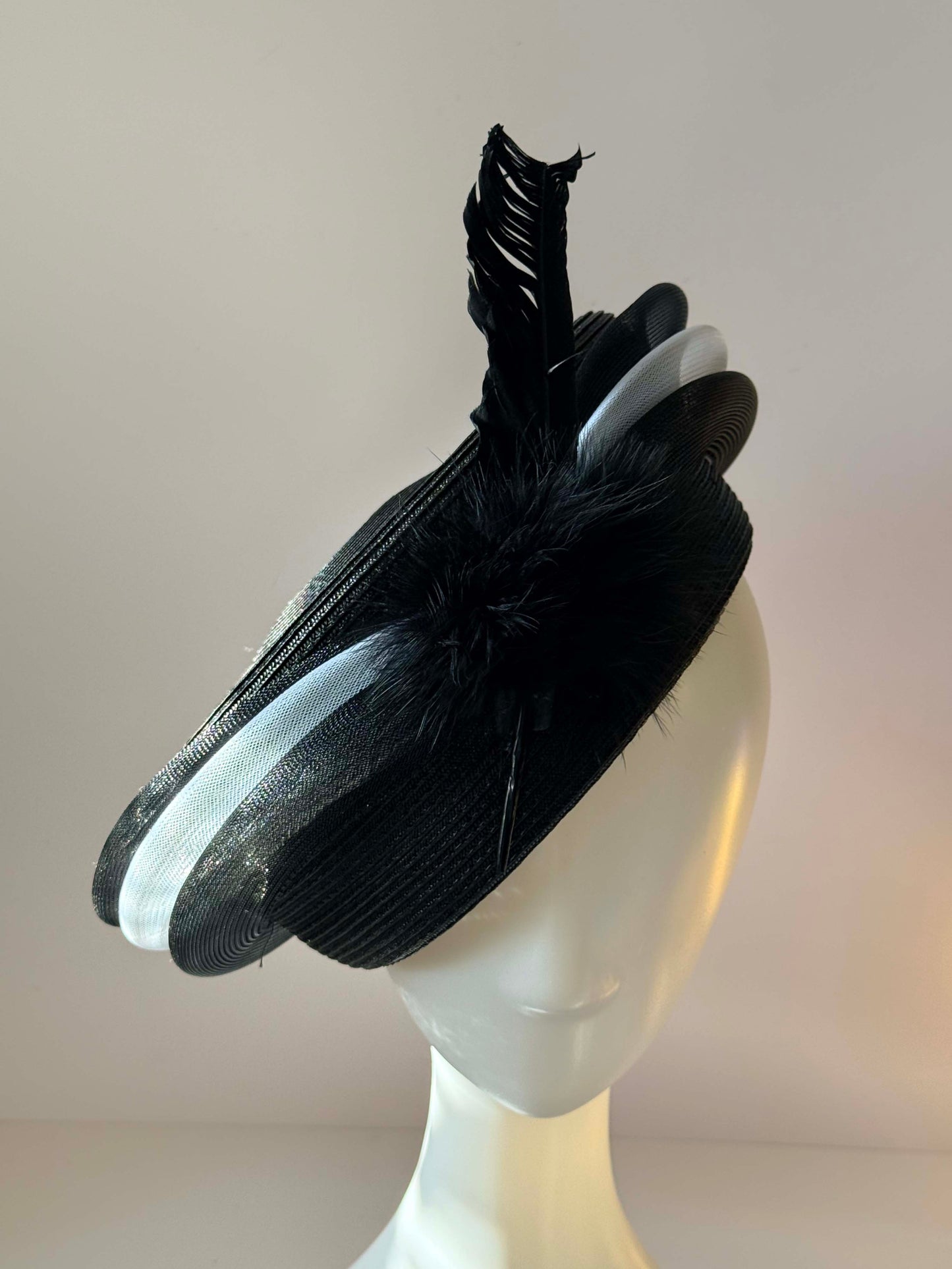 Vintage Black Straw Hat August Black Feather Cocktail Hat Wide Brim 1990s Designer Occasion Hat