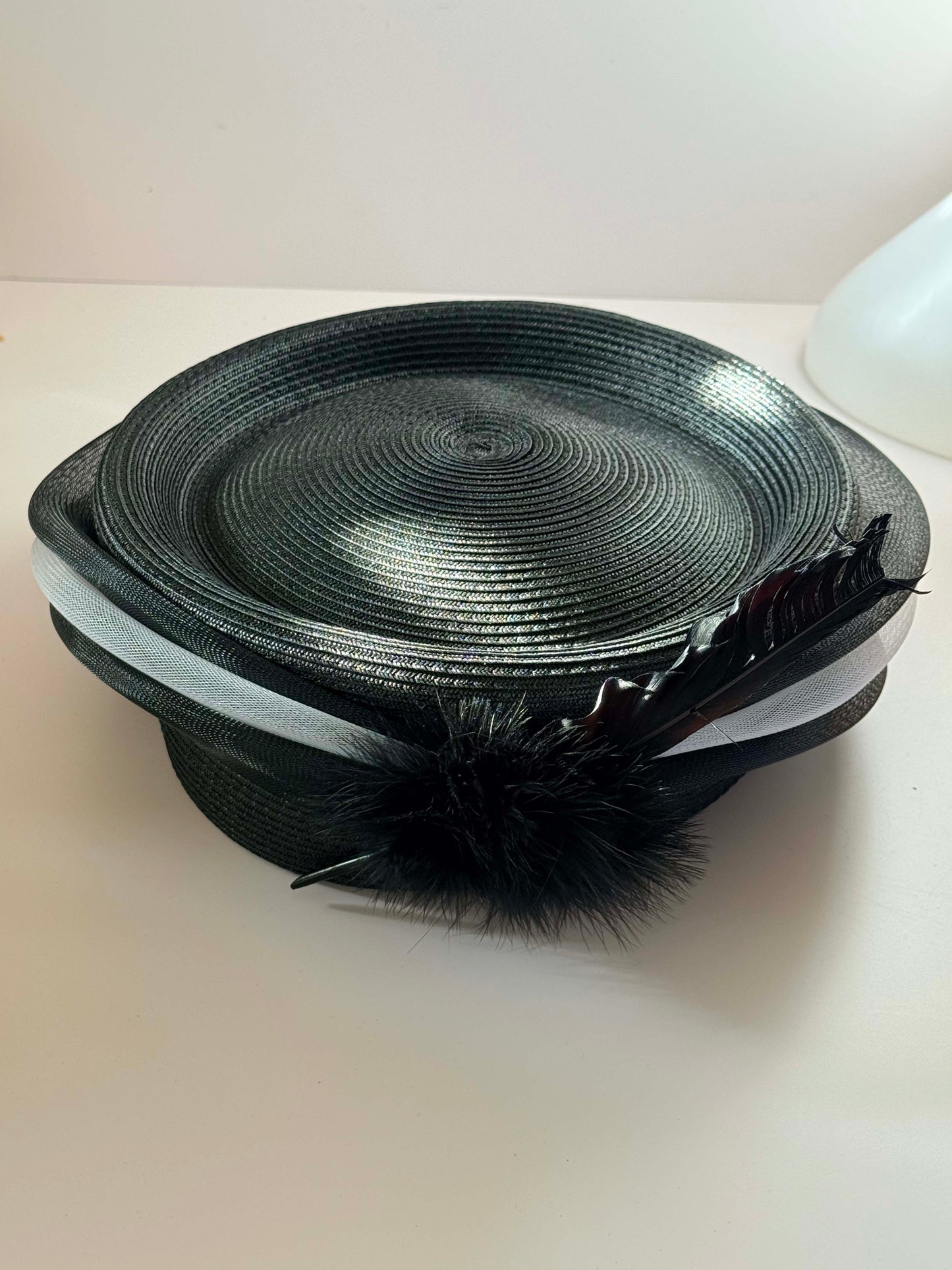 Vintage Black Straw Hat August Black Feather Cocktail Hat Wide Brim 1990s Designer Occasion Hat