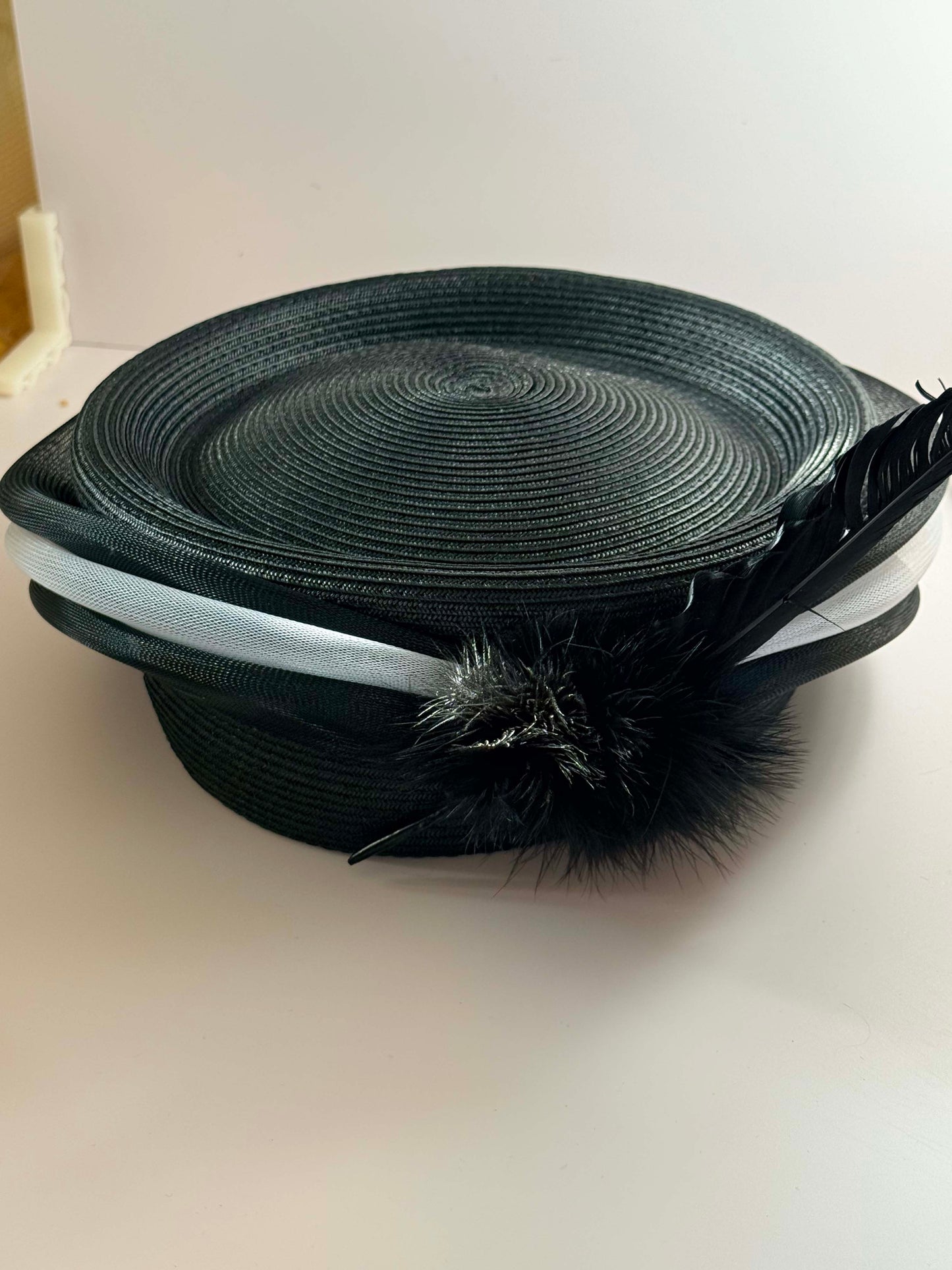 Vintage Black Straw Hat August Black Feather Cocktail Hat Wide Brim 1990s Designer Occasion Hat