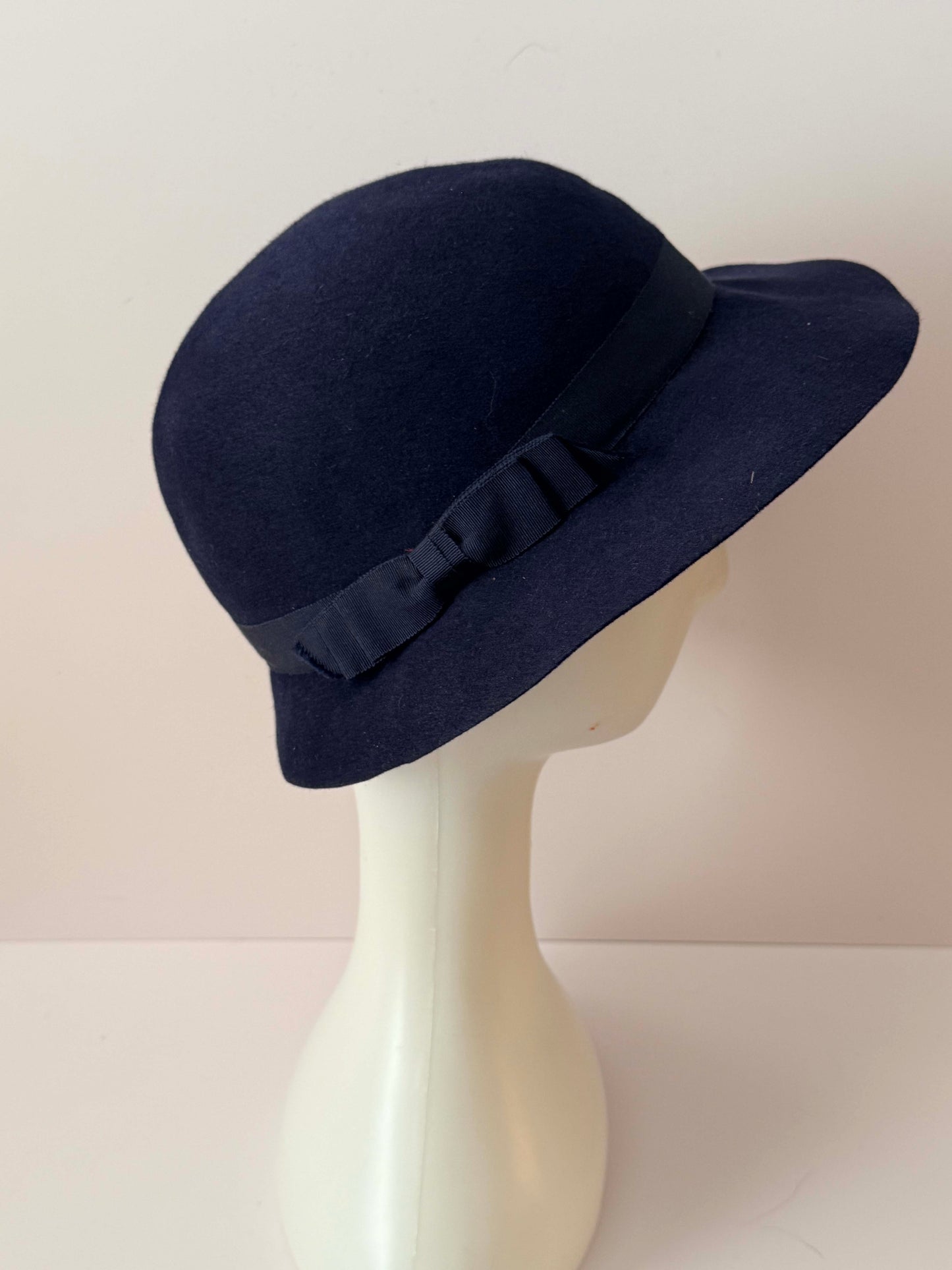 Vintage 1950s Navy Wool Felt Wide Brim Hat / Classic Minimalist Mid-Century Ha
