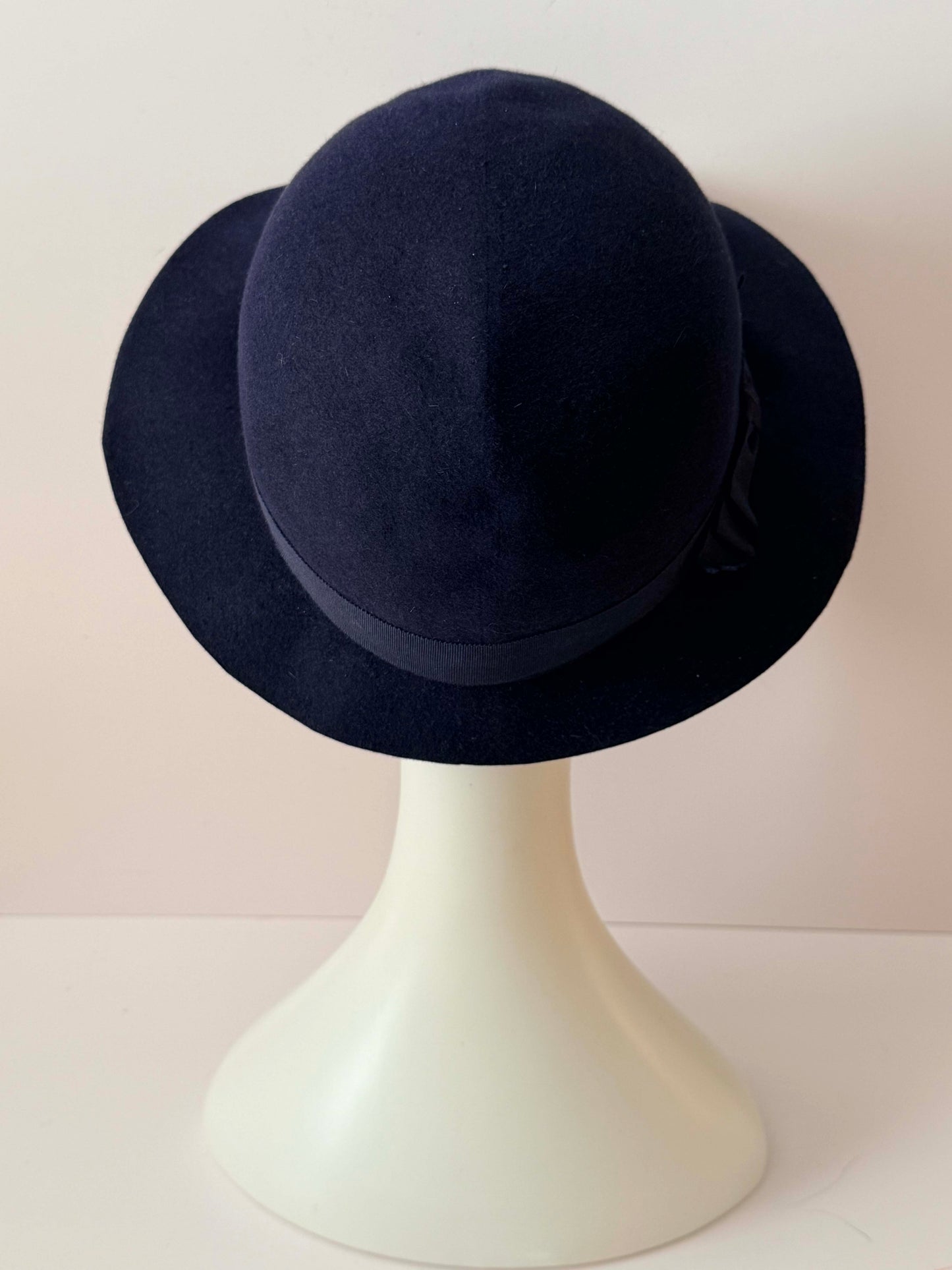 Vintage 1950s Navy Wool Felt Wide Brim Hat / Classic Minimalist Mid-Century Ha