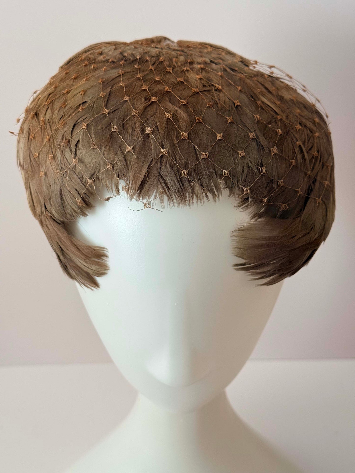 1940s Brown Feather Hat Vintage Tilt Hat Feather Cap Net Overlay Cocktail Hat WWII Era Fascinator Rustic Glam Headpiece