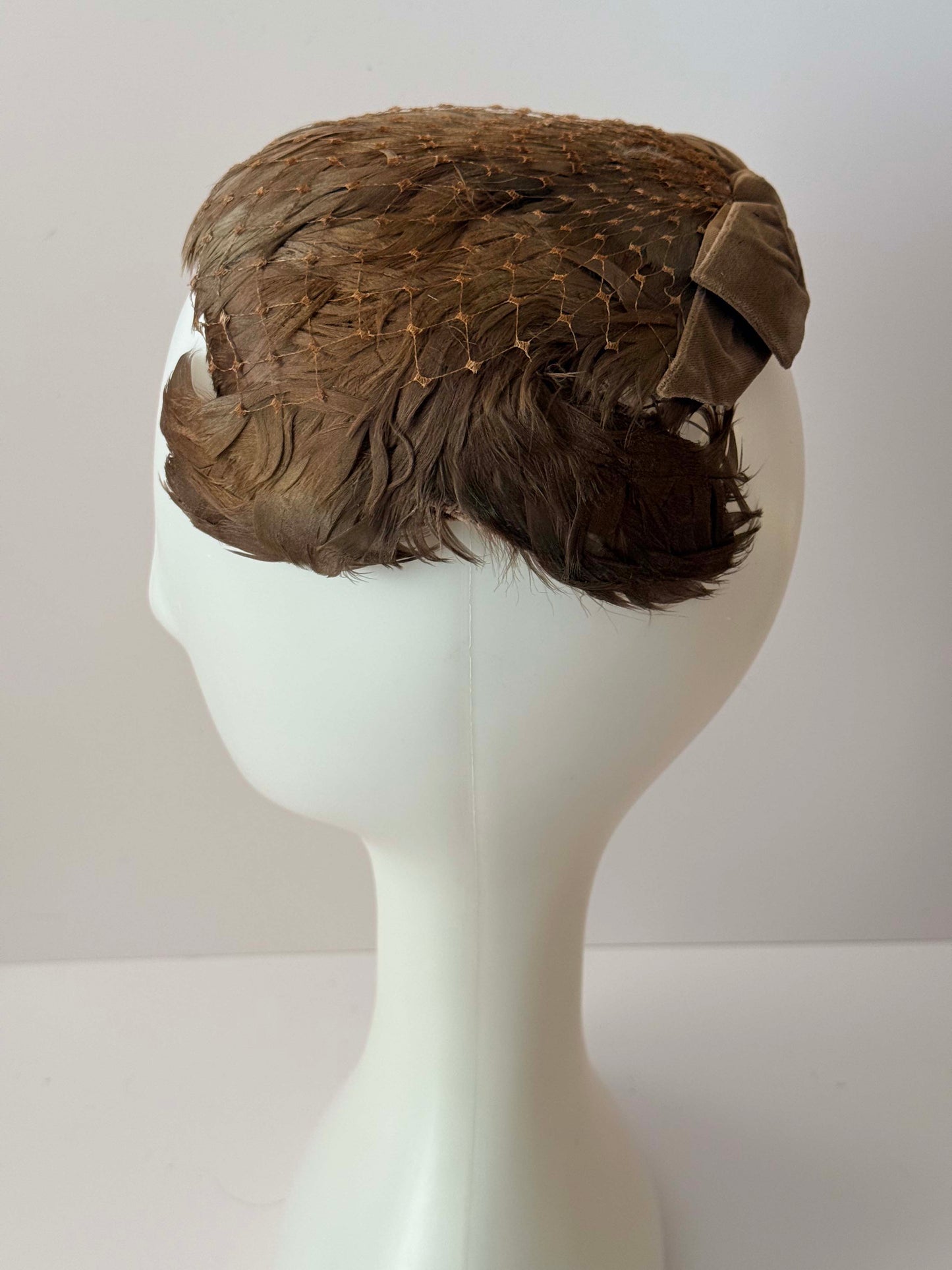 1940s Brown Feather Hat Vintage Tilt Hat Feather Cap Net Overlay Cocktail Hat WWII Era Fascinator Rustic Glam Headpiece