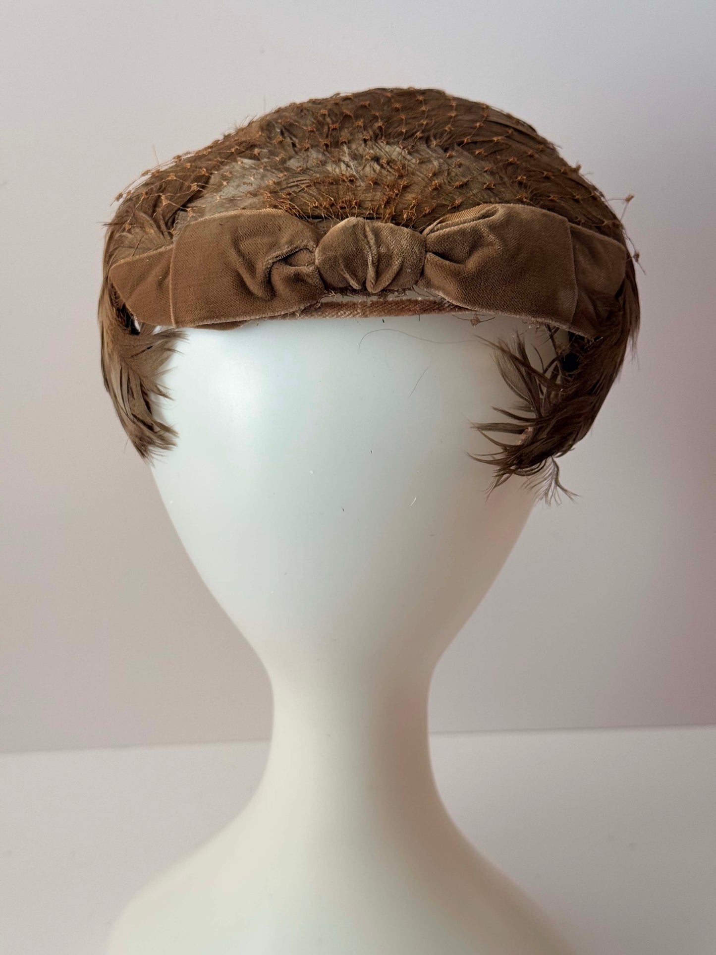 1940s Brown Feather Hat Vintage Tilt Hat Feather Cap Net Overlay Cocktail Hat WWII Era Fascinator Rustic Glam Headpiece
