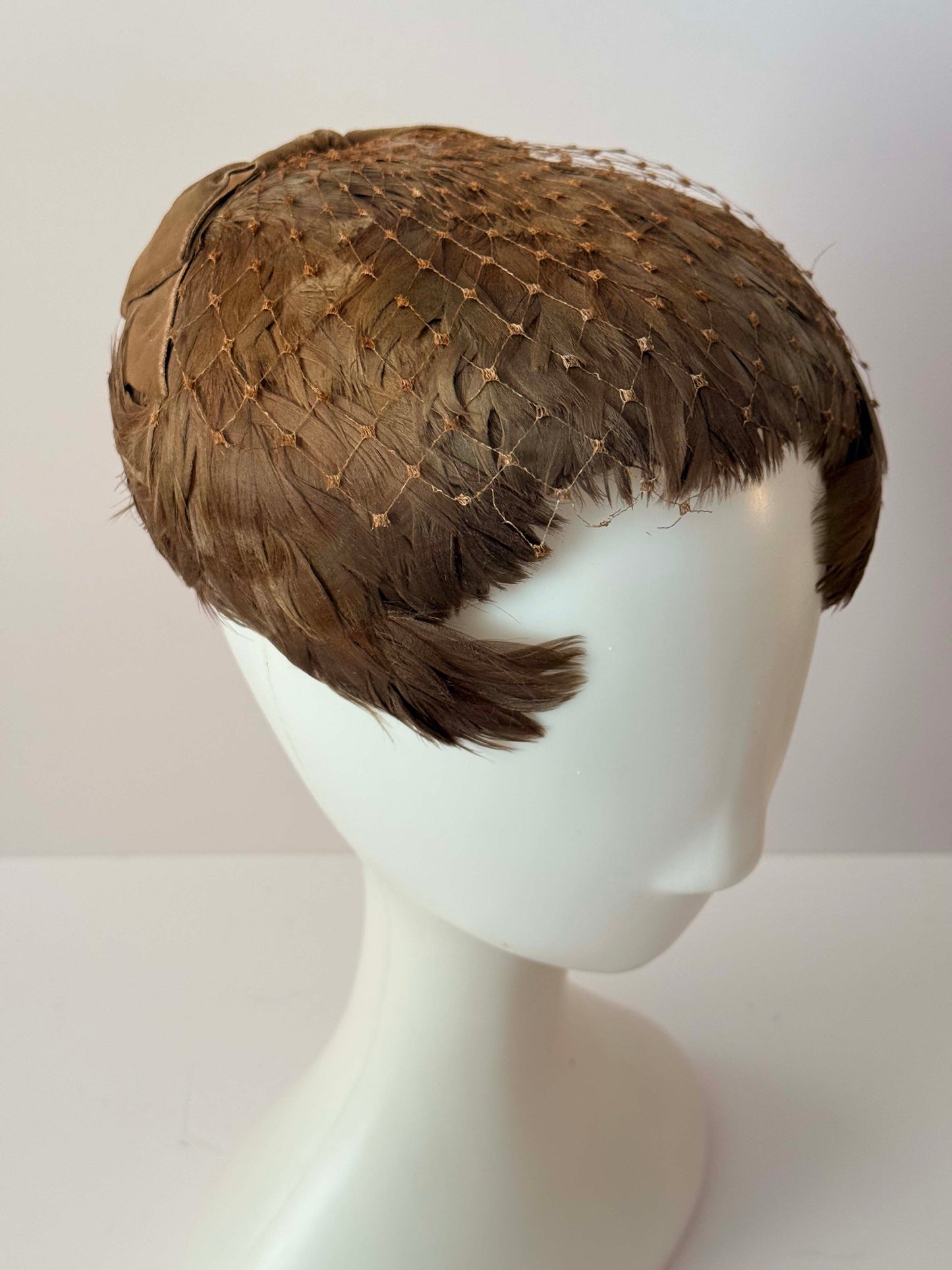 1940s Brown Feather Hat Vintage Tilt Hat Feather Cap Net Overlay Cocktail Hat WWII Era Fascinator Rustic Glam Headpiece