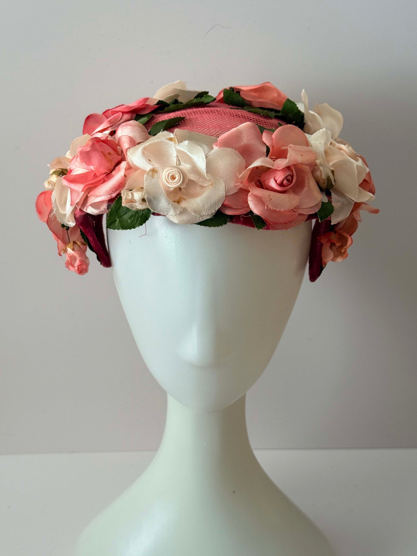 1950s Pink Floral Cocktail Hat Rose Trim Mid Century Half Hat Garden Party Vintage Headpiece Romantic Millinery