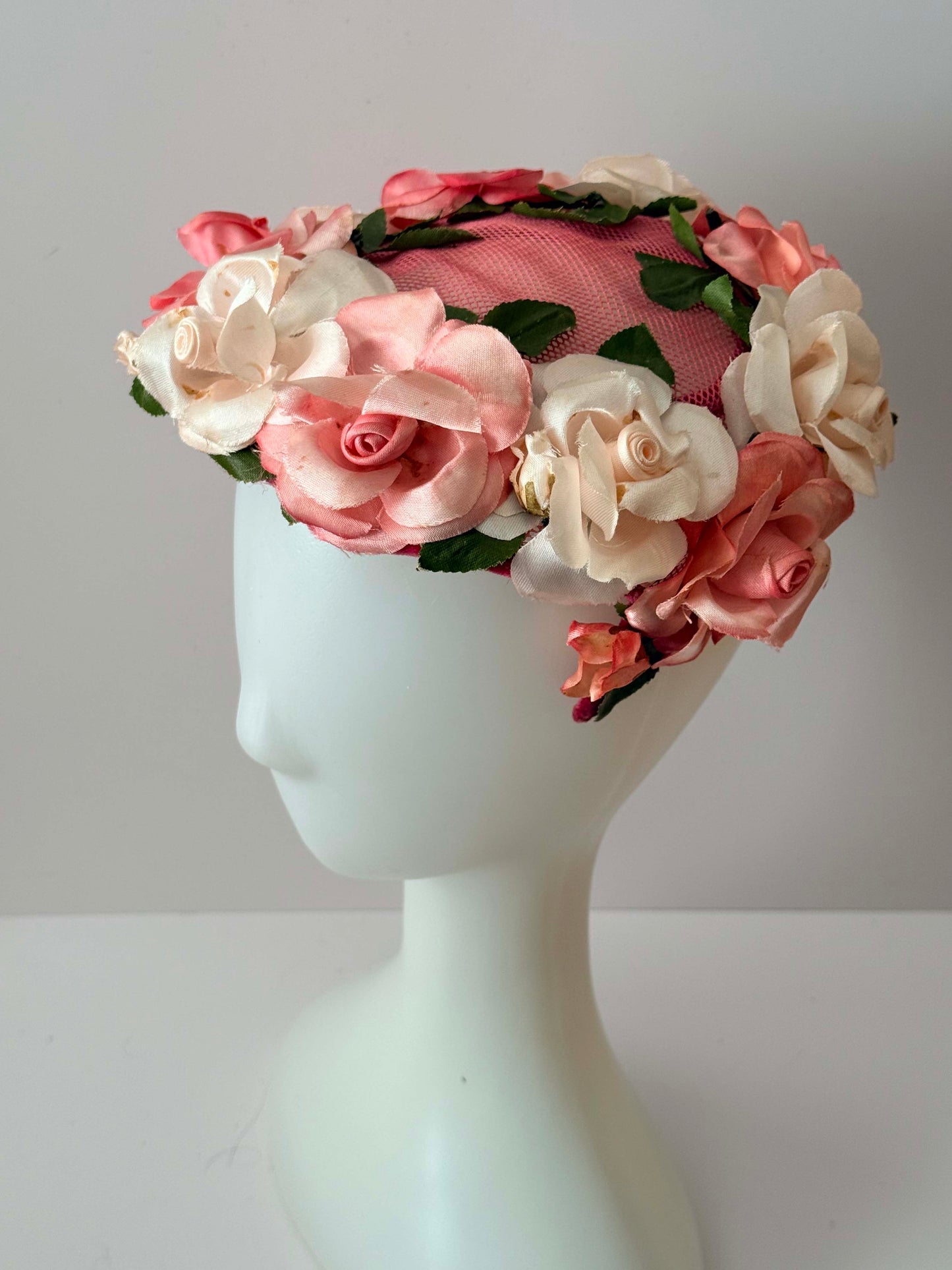 1950s Pink Floral Cocktail Hat Rose Trim Mid Century Half Hat Garden Party Vintage Headpiece Romantic Millinery