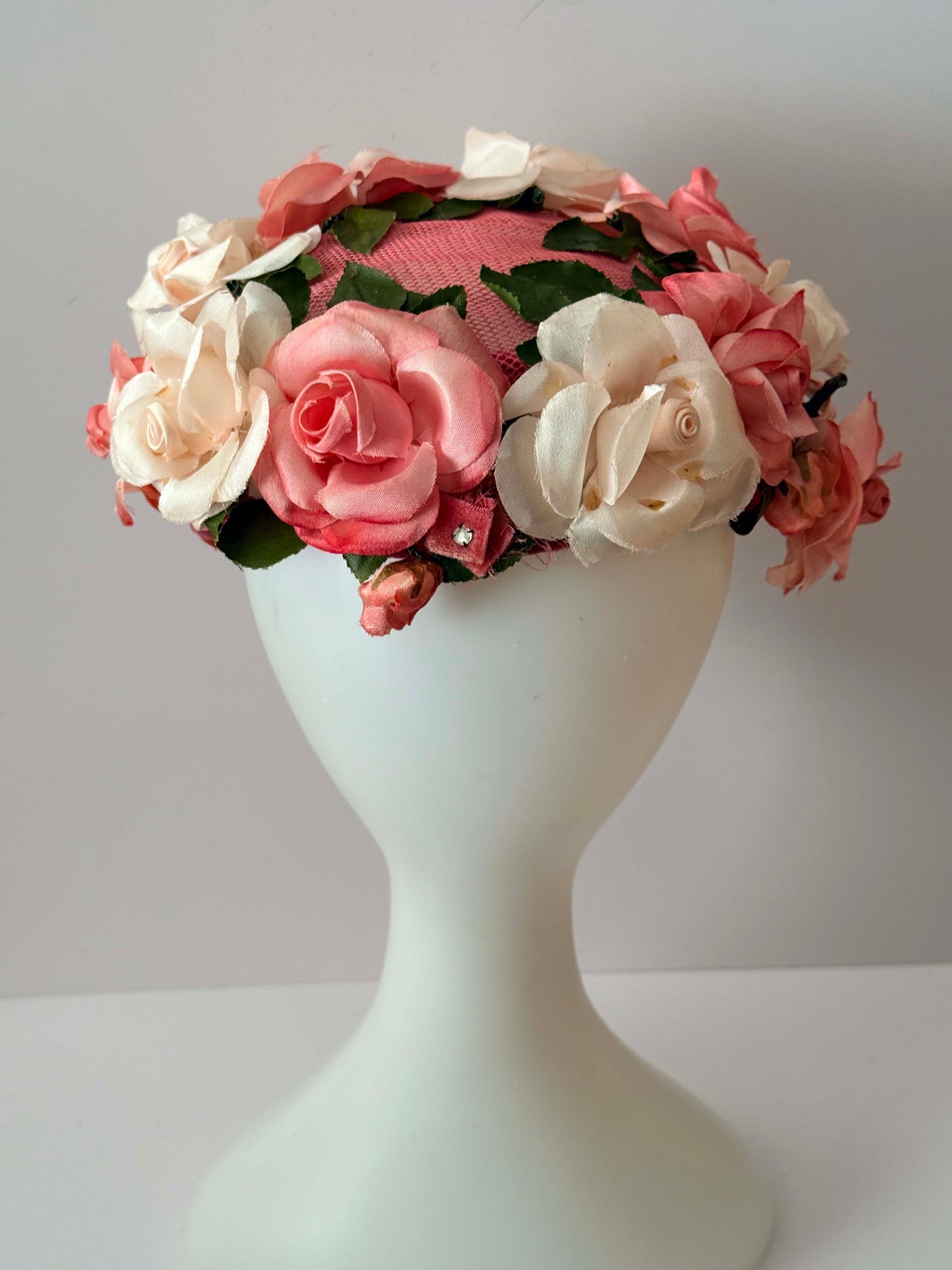 1950s Pink Floral Cocktail Hat Rose Trim Mid Century Half Hat Garden Party Vintage Headpiece Romantic Millinery