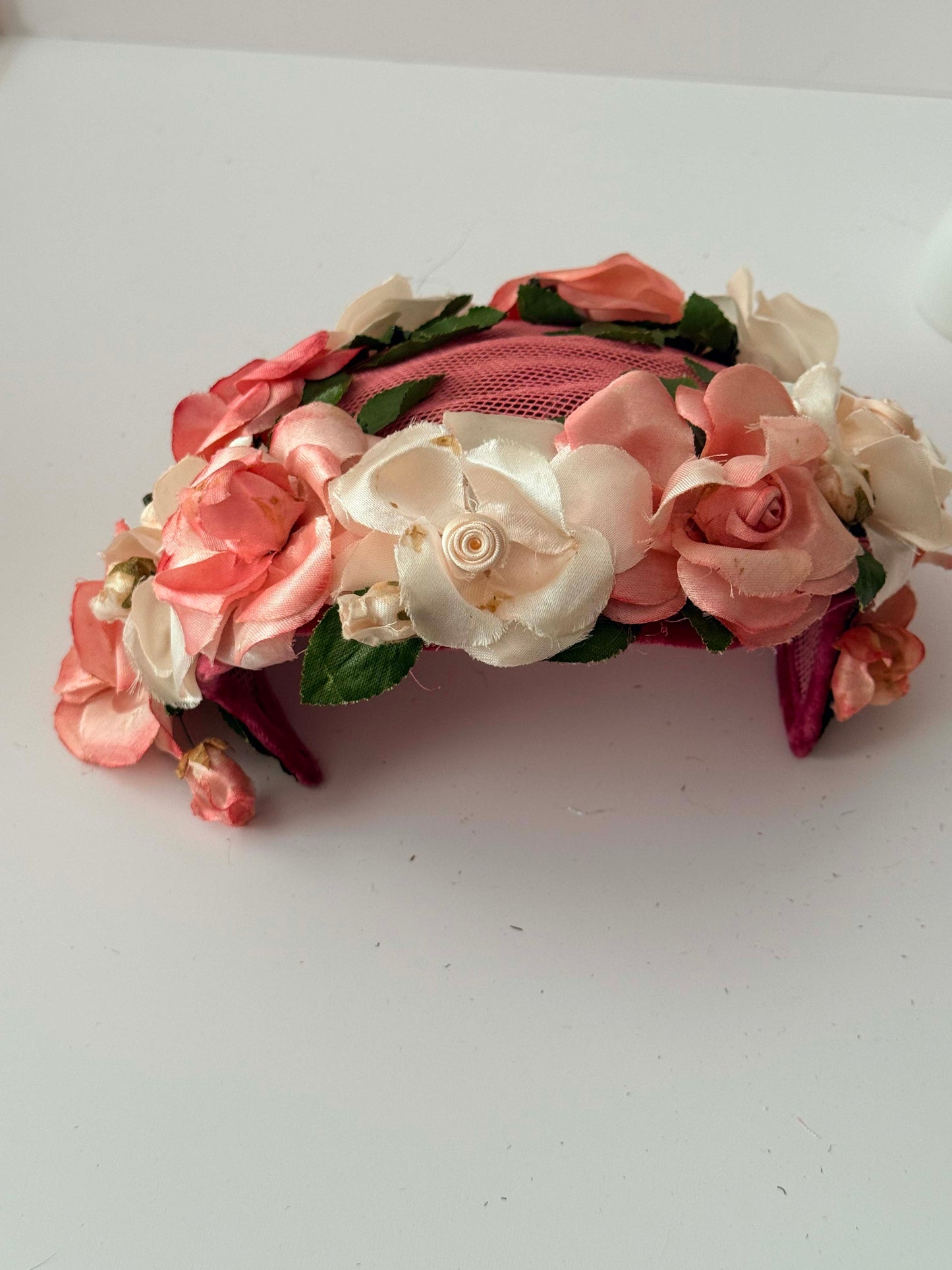 1950s Pink Floral Cocktail Hat Rose Trim Mid Century Half Hat Garden Party Vintage Headpiece Romantic Millinery