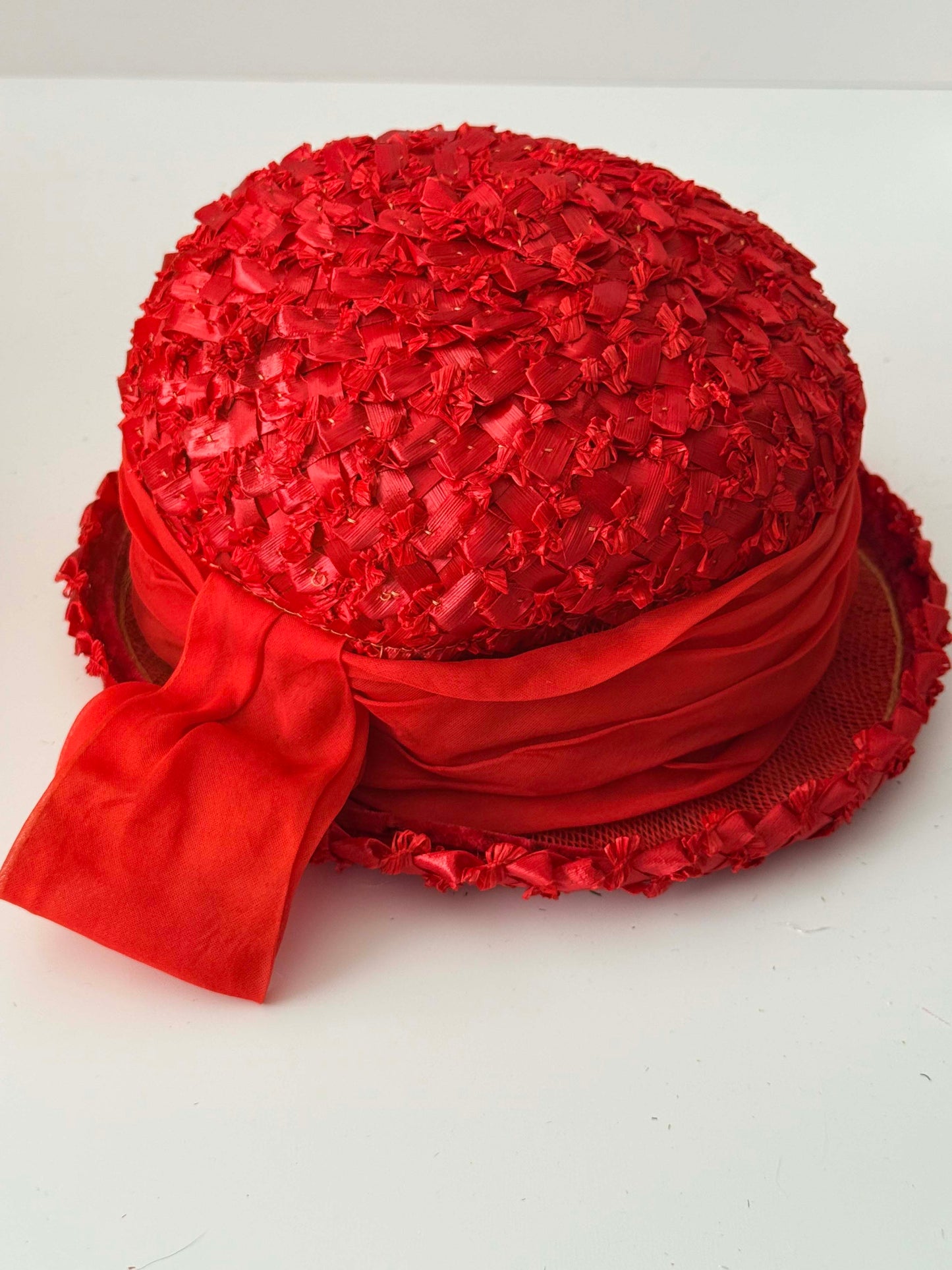 1960s Red Raffia Cloche Hat Vintage Textured Straw Bucket Hat Satin Ribbon Detail Bright Statement Hat Garden Party