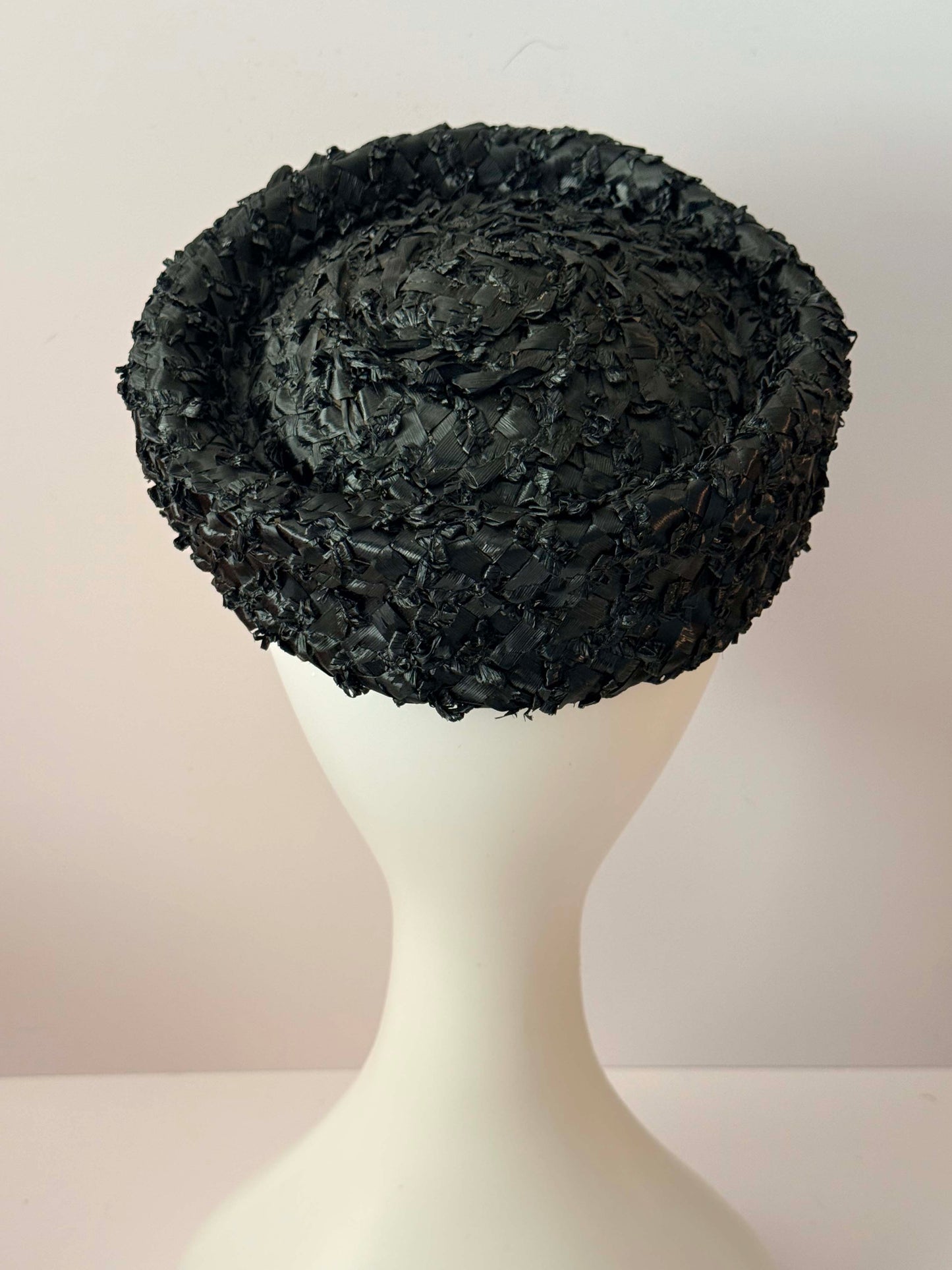 1950s Black Raffia Pillbox Hat Vintage Textured Straw Hat Sculptural Bow Detail Classic Cocktail Hat