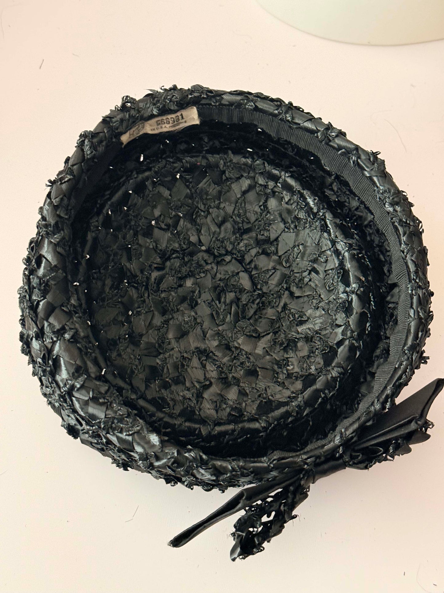 1950s Black Raffia Pillbox Hat Vintage Textured Straw Hat Sculptural Bow Detail Classic Cocktail Hat