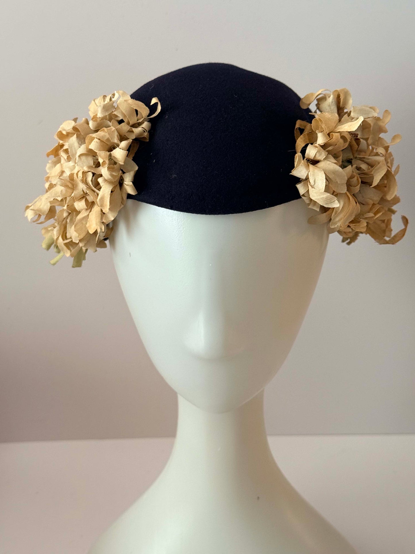 1950s Inky Black Wool Half Hat with Floral Trim Cream Petal Cocktail Hat Mid Century Headpiece