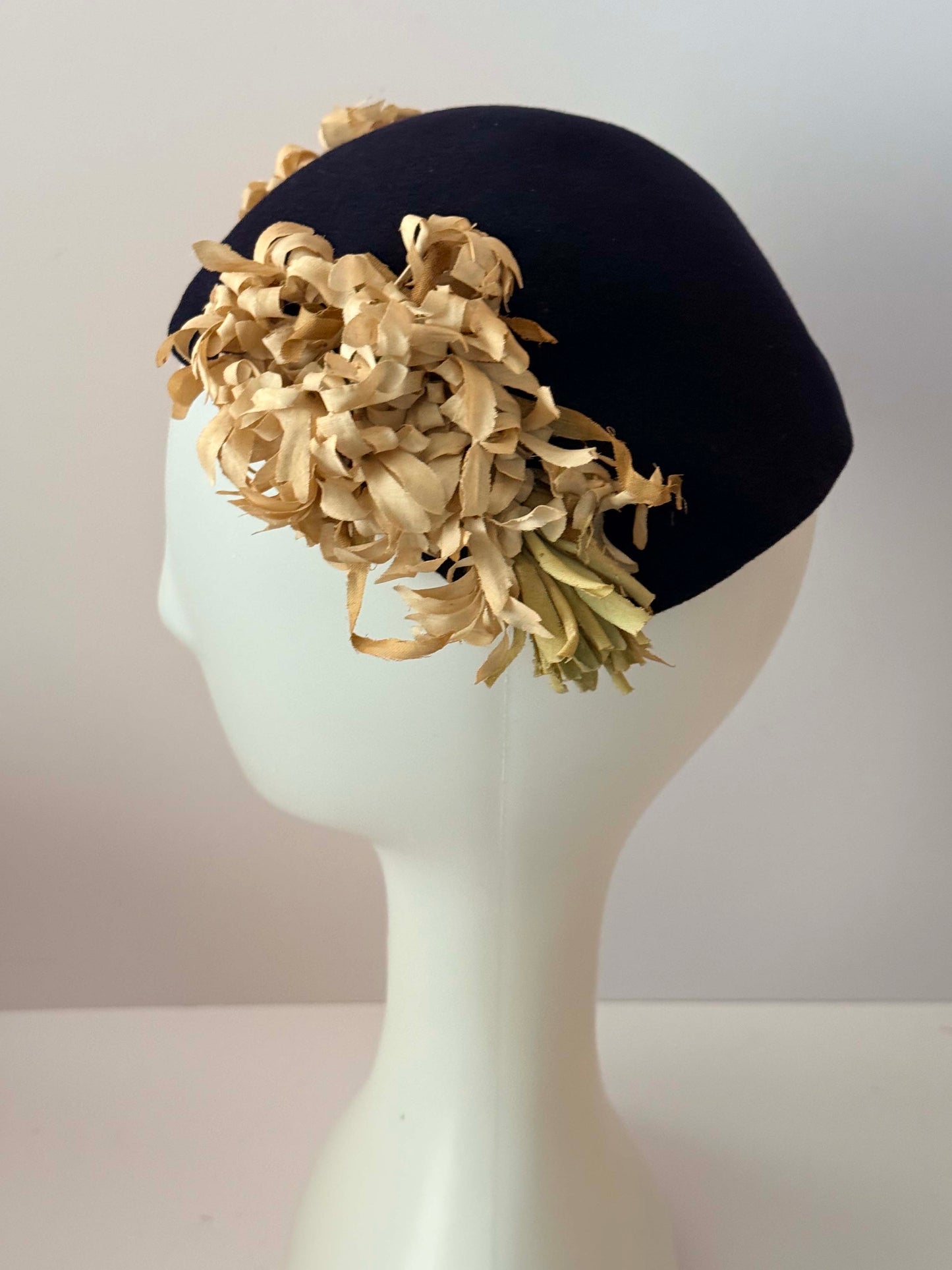 1950s Inky Black Wool Half Hat with Floral Trim Cream Petal Cocktail Hat Mid Century Headpiece