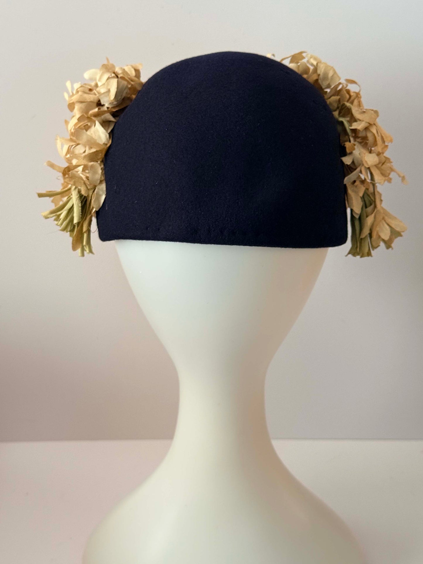 1950s Inky Black Wool Half Hat with Floral Trim Cream Petal Cocktail Hat Mid Century Headpiece