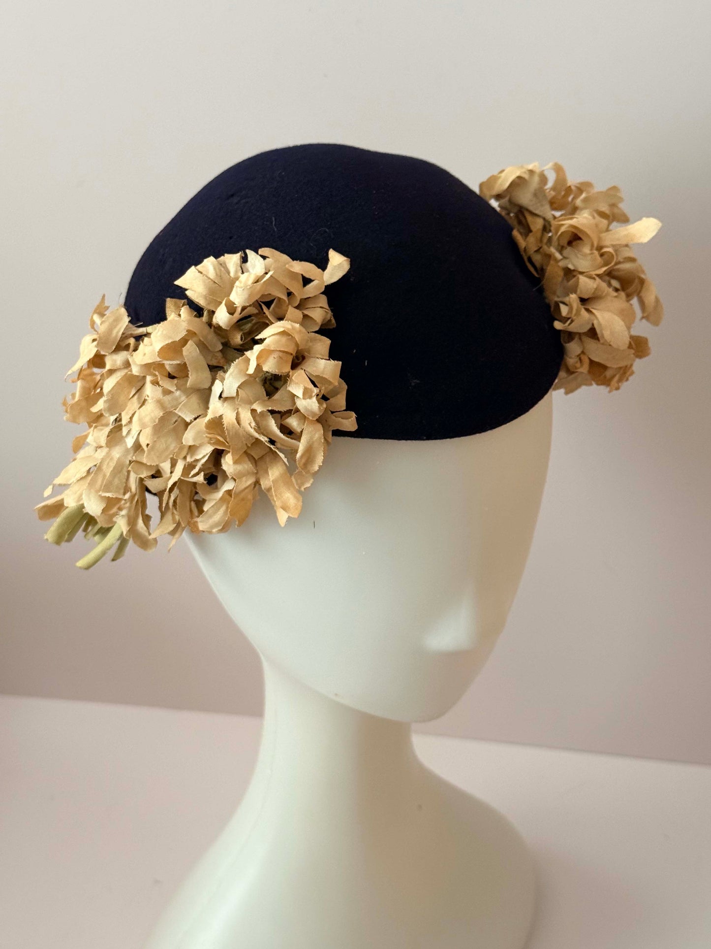1950s Inky Black Wool Half Hat with Floral Trim Cream Petal Cocktail Hat Mid Century Headpiece