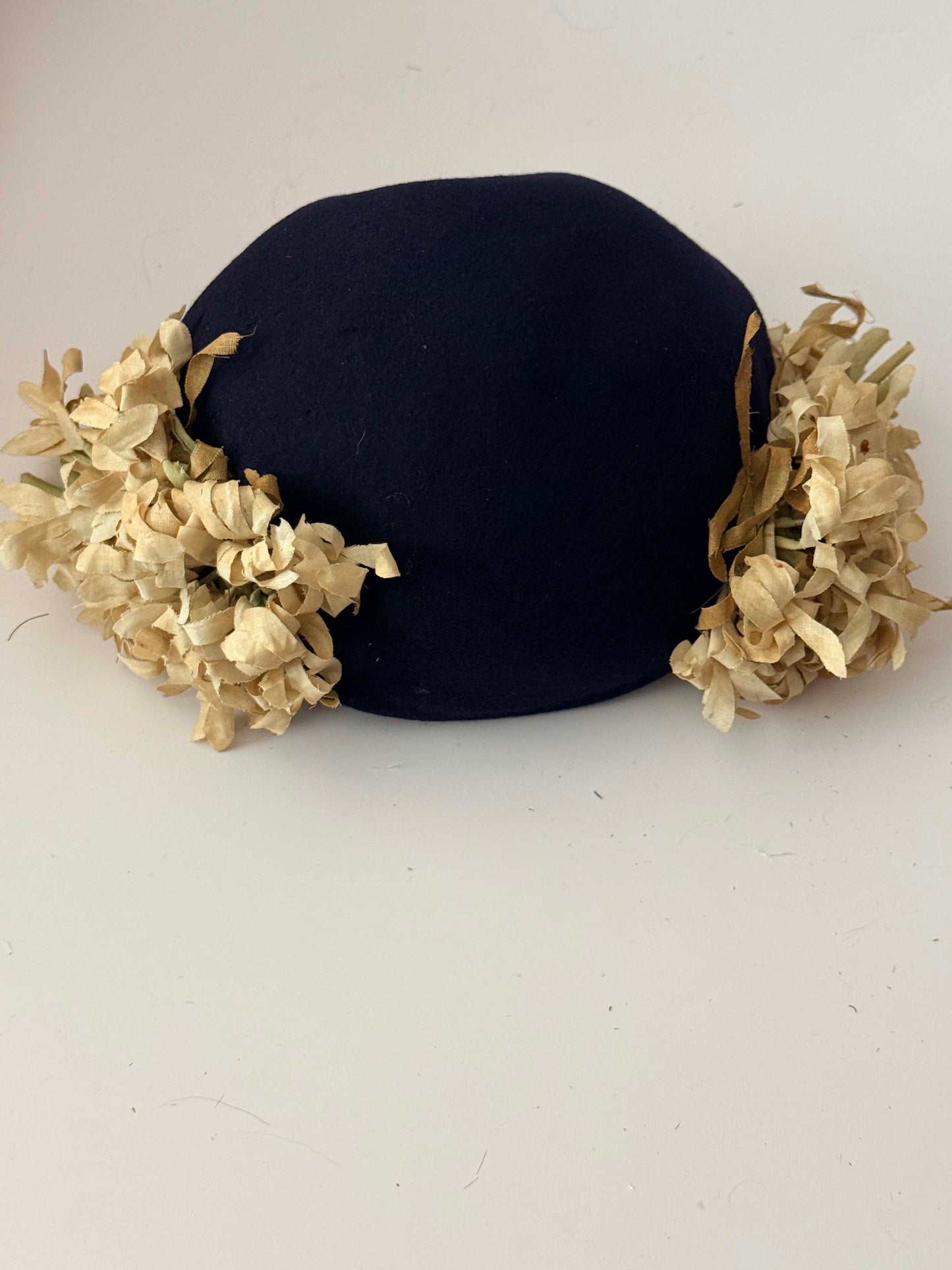 1950s Inky Black Wool Half Hat with Floral Trim Cream Petal Cocktail Hat Mid Century Headpiece