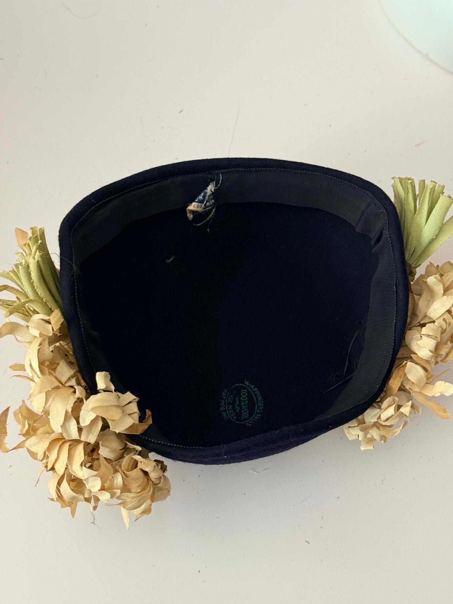 1950s Inky Black Wool Half Hat with Floral Trim Cream Petal Cocktail Hat Mid Century Headpiece