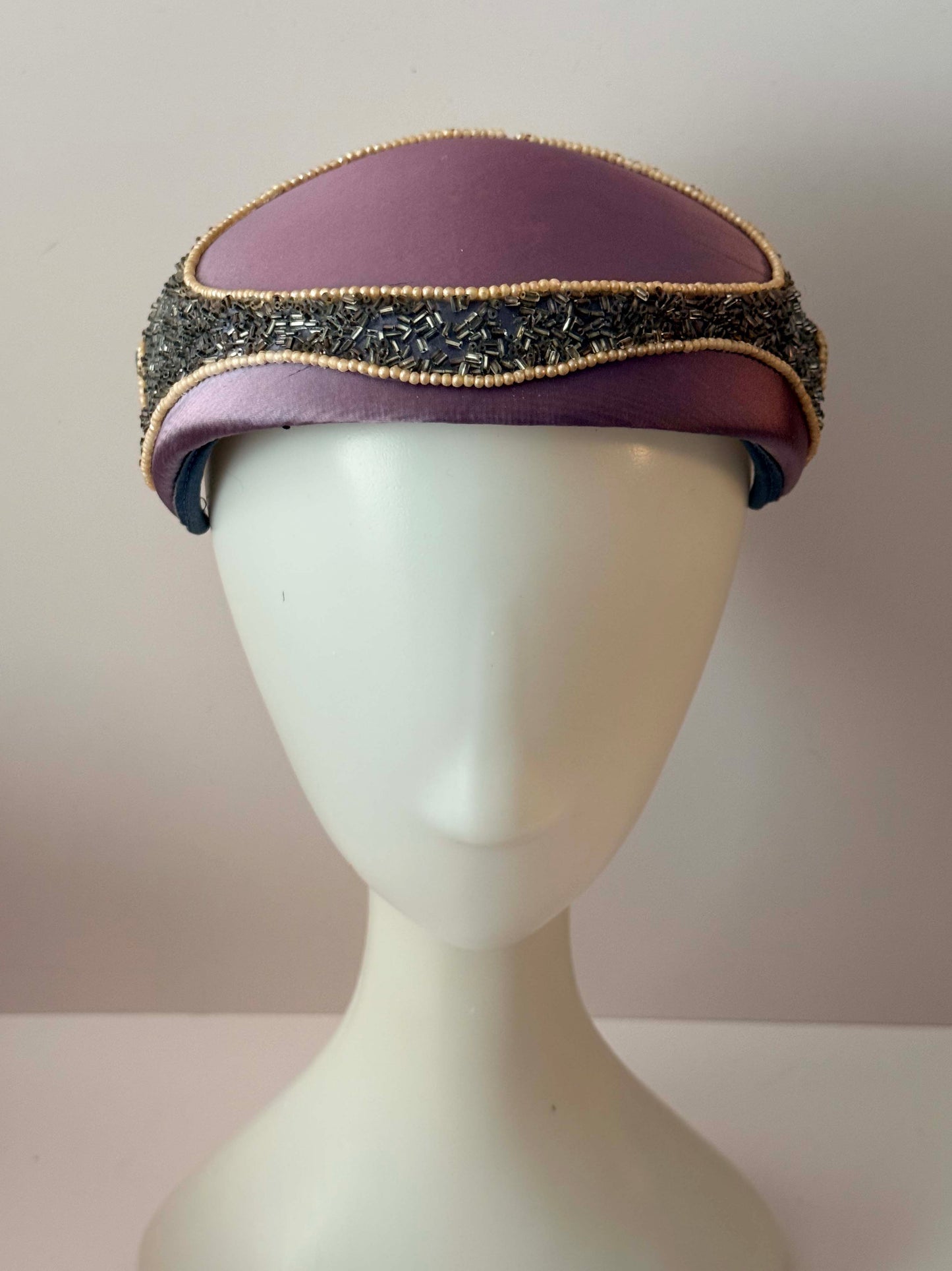 1950s Lavender Satin Cocktail Hat Beaded Trim Pearl Detail Mid Century Pillbox Cap Evening Hat Vintage Formal Headpiece