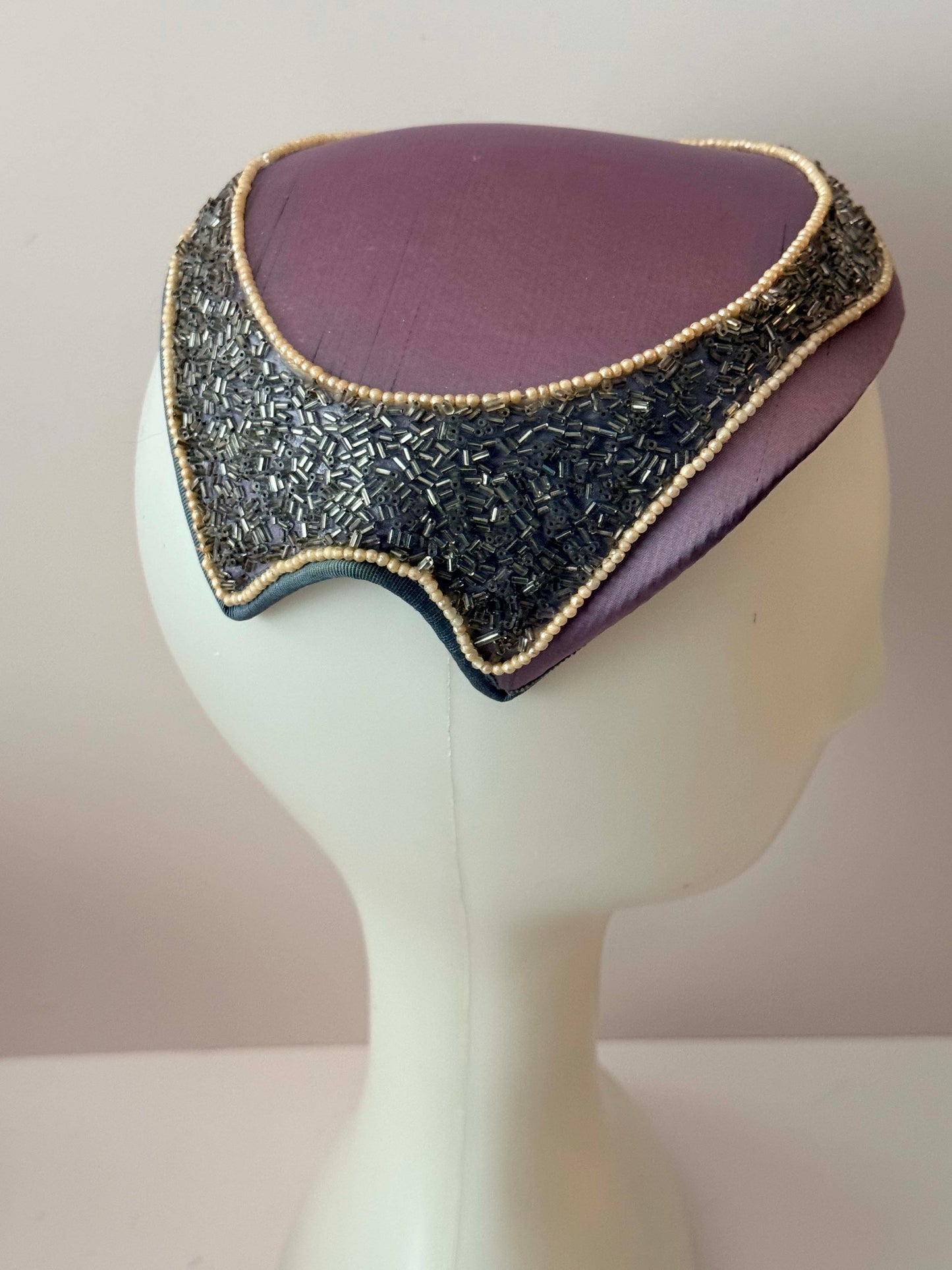 1950s Lavender Satin Cocktail Hat Beaded Trim Pearl Detail Mid Century Pillbox Cap Evening Hat Vintage Formal Headpiece