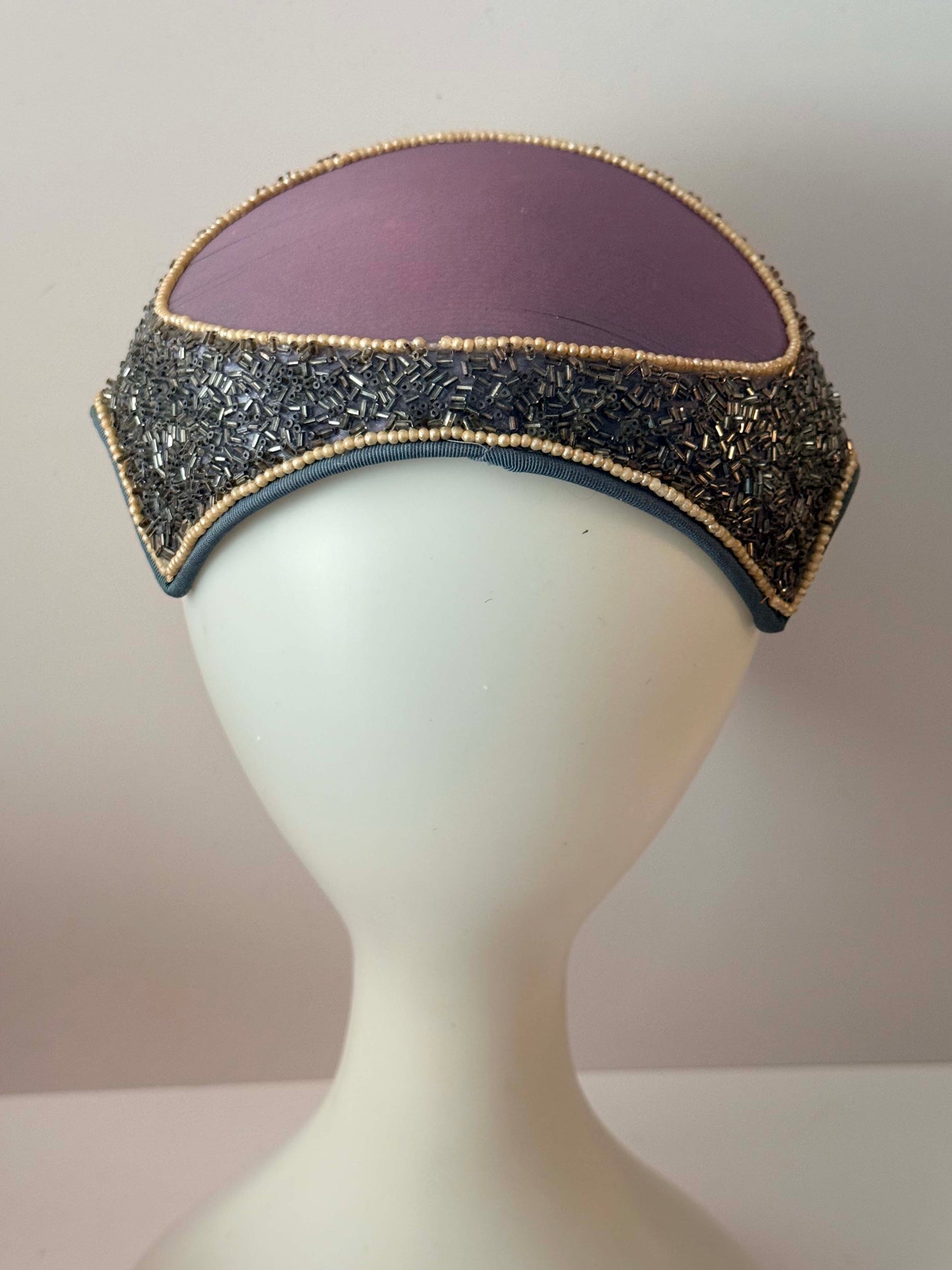 1950s Lavender Satin Cocktail Hat Beaded Trim Pearl Detail Mid Century Pillbox Cap Evening Hat Vintage Formal Headpiece