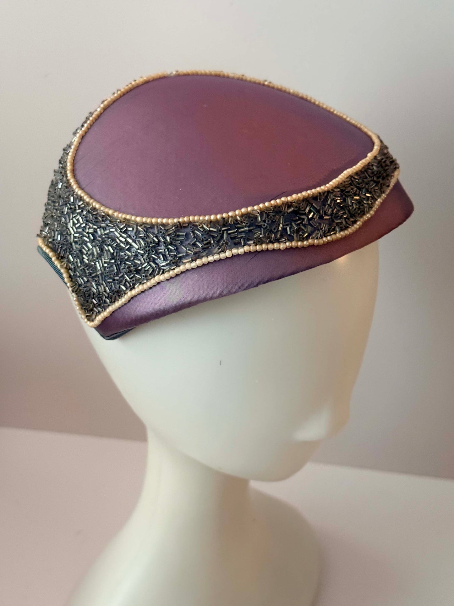 1950s Lavender Satin Cocktail Hat Beaded Trim Pearl Detail Mid Century Pillbox Cap Evening Hat Vintage Formal Headpiece