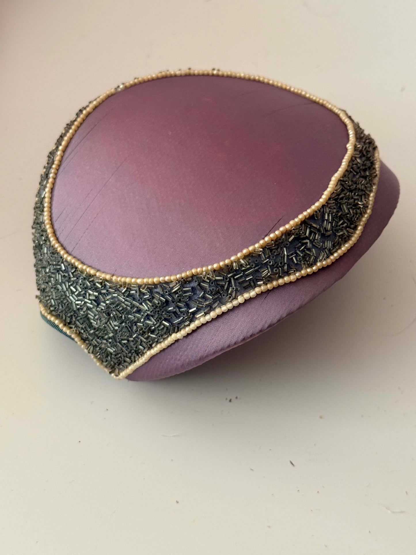 1950s Lavender Satin Cocktail Hat Beaded Trim Pearl Detail Mid Century Pillbox Cap Evening Hat Vintage Formal Headpiece