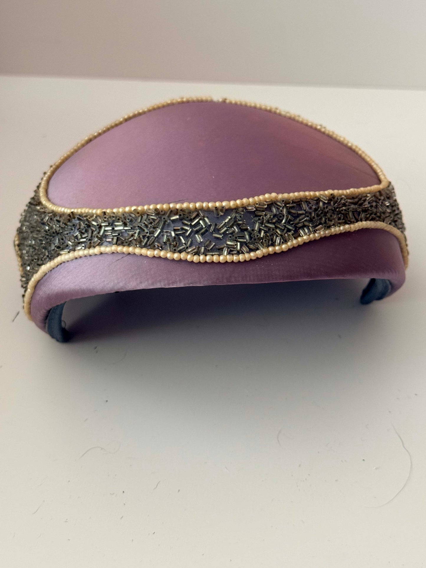 1950s Lavender Satin Cocktail Hat Beaded Trim Pearl Detail Mid Century Pillbox Cap Evening Hat Vintage Formal Headpiece
