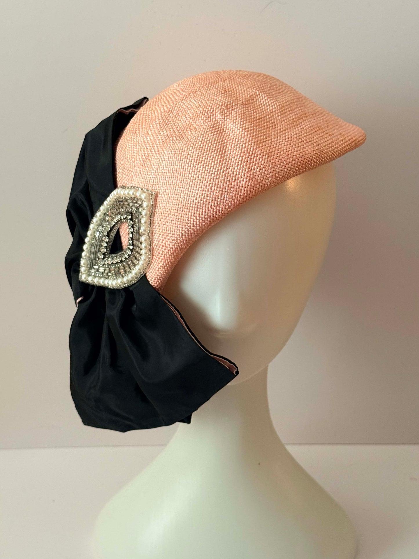 1950s Miss Bierner Blush Pink Straw Hat Vintage Half Hat Draped Black Bow Rhinestone Pearl Brooch Cocktail Headpiece Elegant Statement Hat