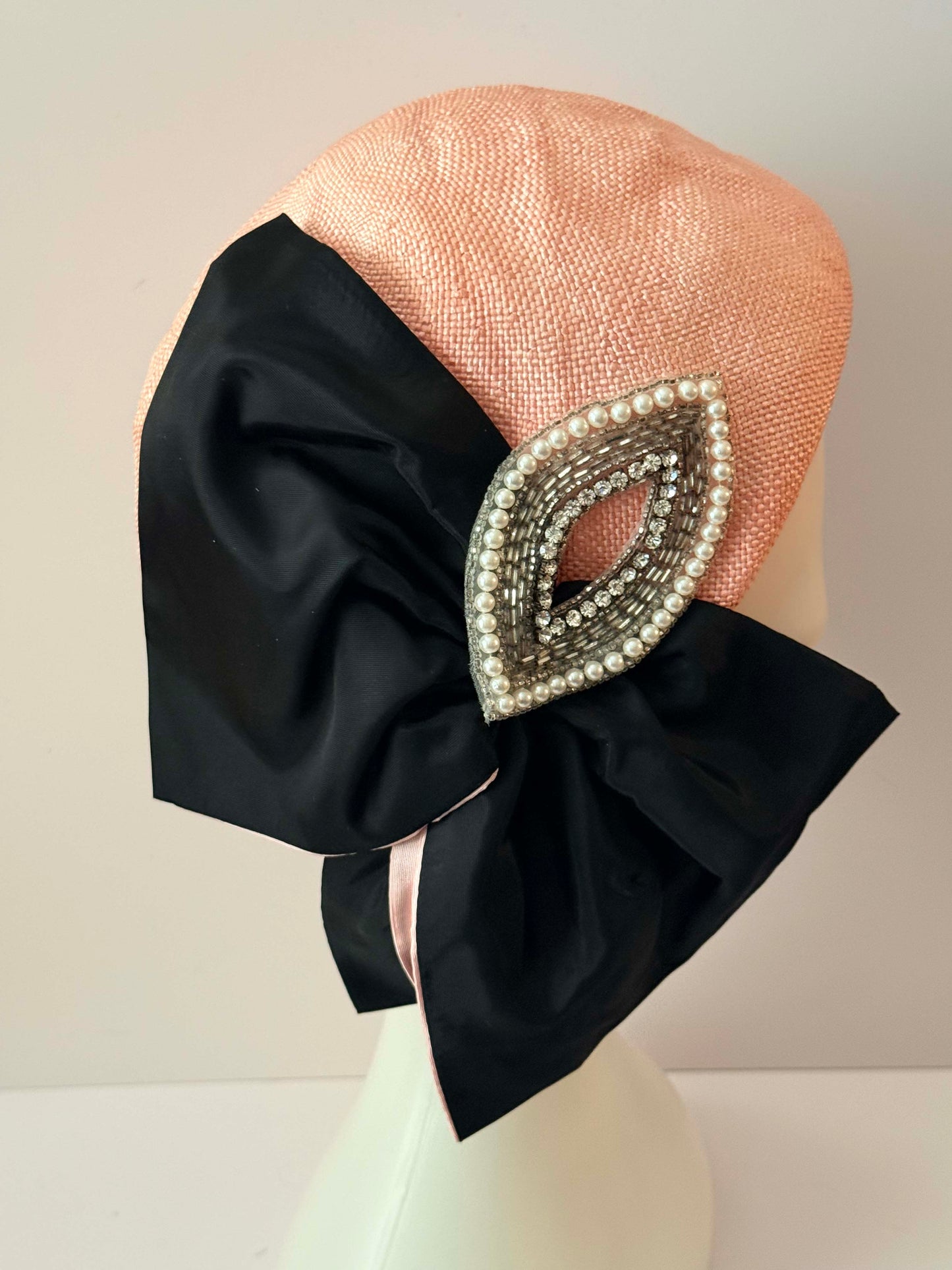 1950s Miss Bierner Blush Pink Straw Hat Vintage Half Hat Draped Black Bow Rhinestone Pearl Brooch Cocktail Headpiece Elegant Statement Hat