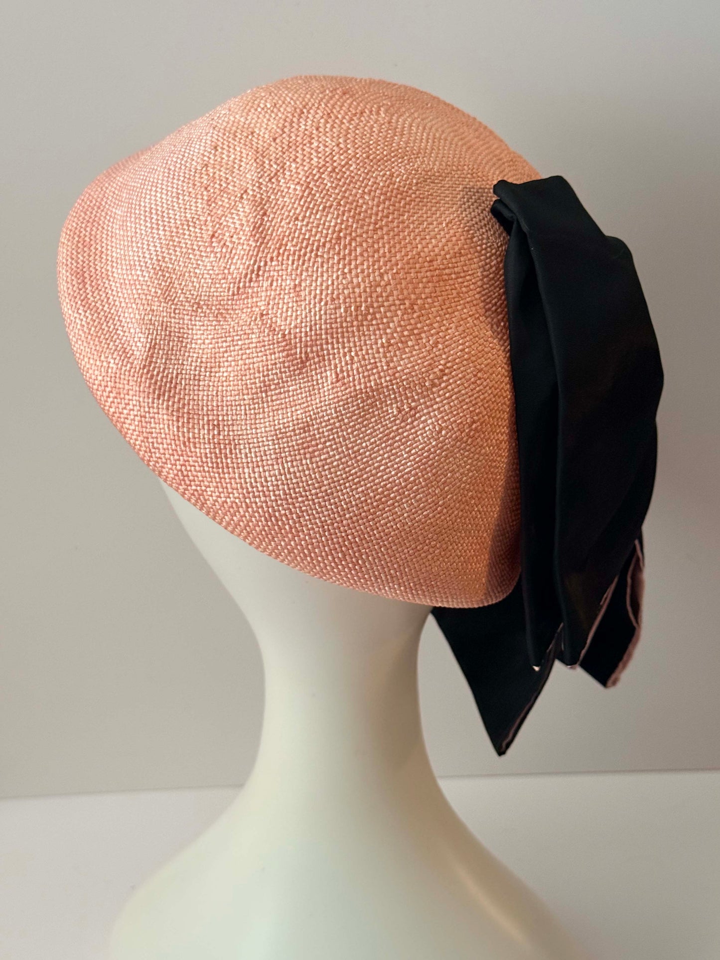 1950s Miss Bierner Blush Pink Straw Hat Vintage Half Hat Draped Black Bow Rhinestone Pearl Brooch Cocktail Headpiece Elegant Statement Hat