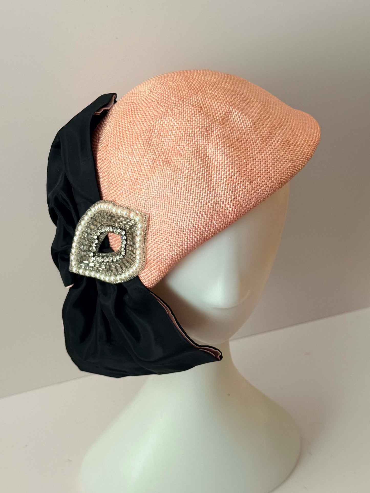 1950s Miss Bierner Blush Pink Straw Hat Vintage Half Hat Draped Black Bow Rhinestone Pearl Brooch Cocktail Headpiece Elegant Statement Hat