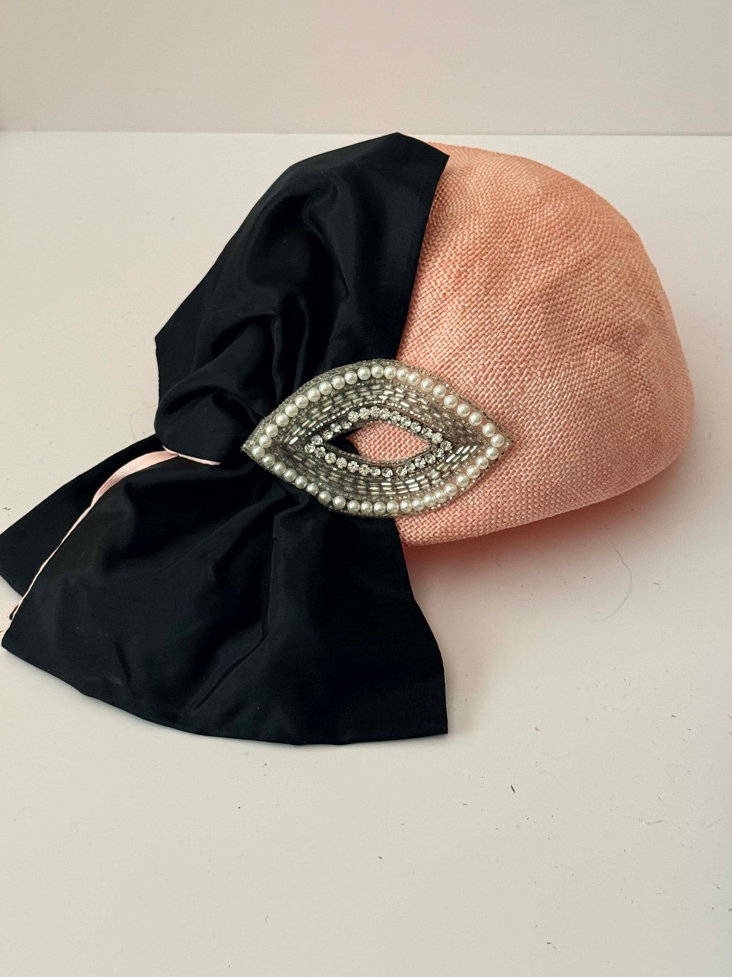 1950s Miss Bierner Blush Pink Straw Hat Vintage Half Hat Draped Black Bow Rhinestone Pearl Brooch Cocktail Headpiece Elegant Statement Hat
