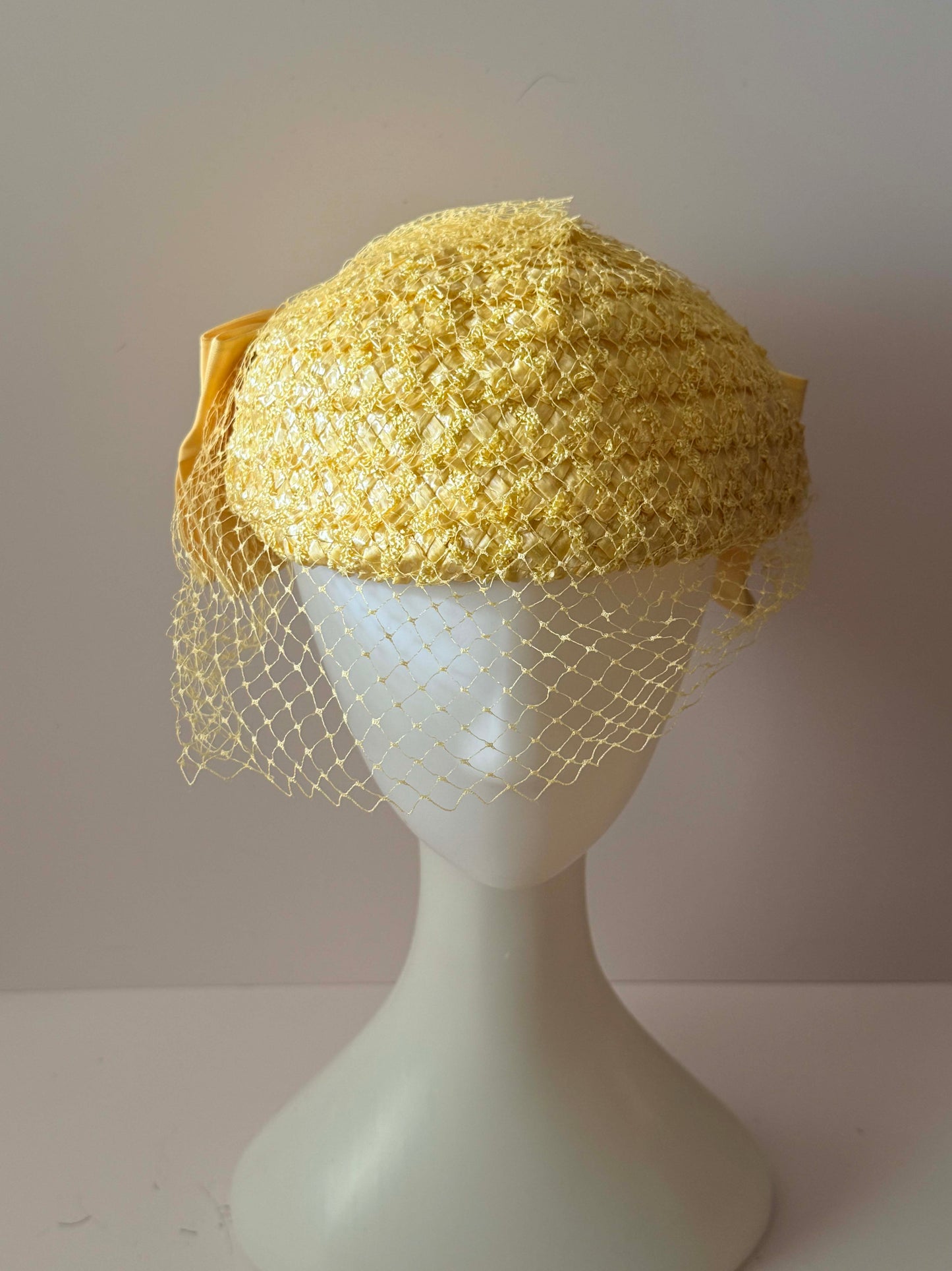 1950s Lemon Yellow Veiled Cocktail Hat Textured Ribbon Straw Mid Century Half Hat Vintage Bridal Spring Hat