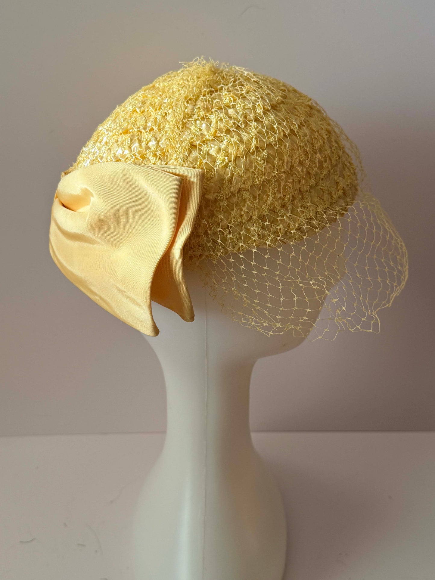 1950s Lemon Yellow Veiled Cocktail Hat Textured Ribbon Straw Mid Century Half Hat Vintage Bridal Spring Hat