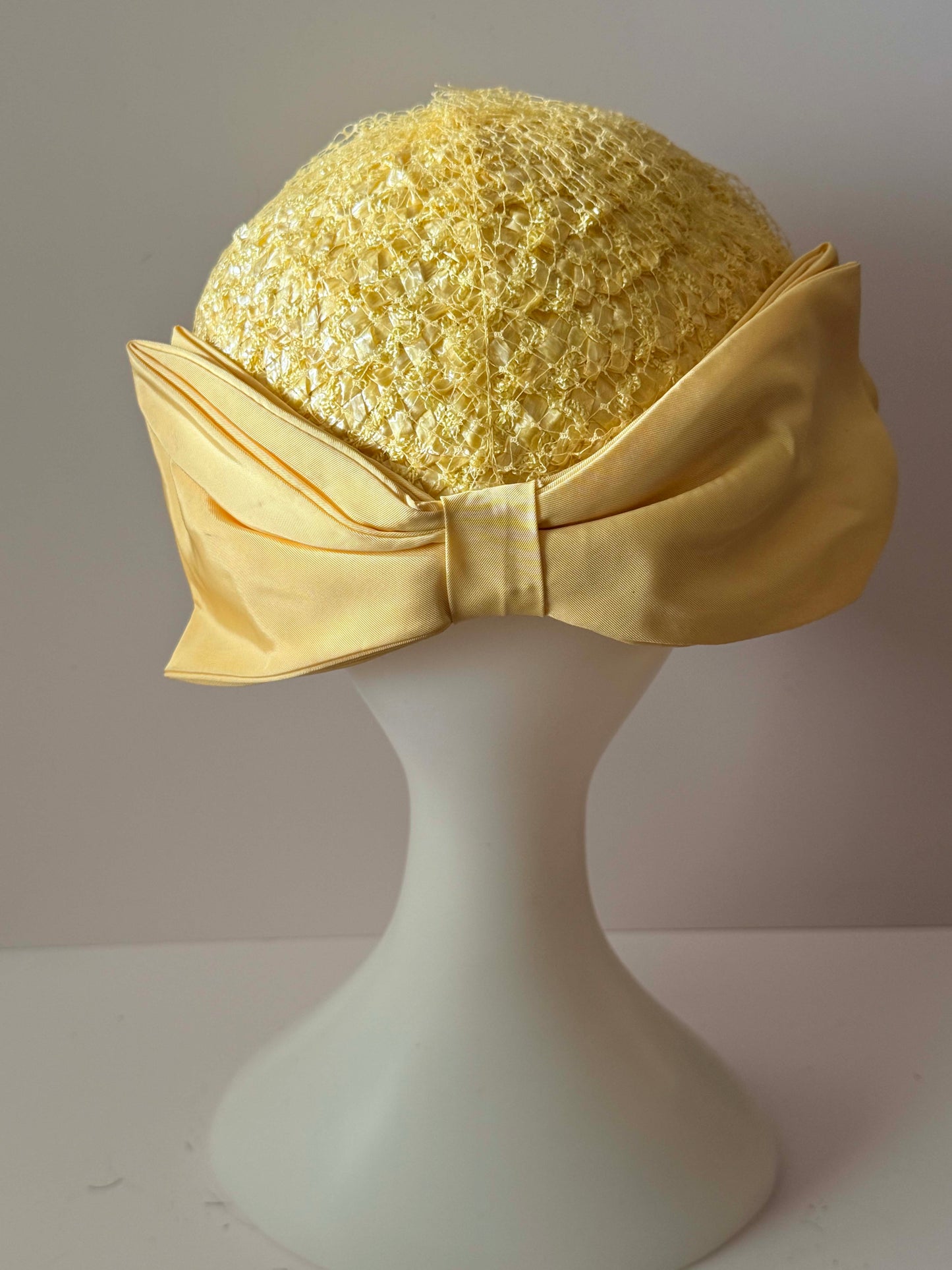 1950s Lemon Yellow Veiled Cocktail Hat Textured Ribbon Straw Mid Century Half Hat Vintage Bridal Spring Hat