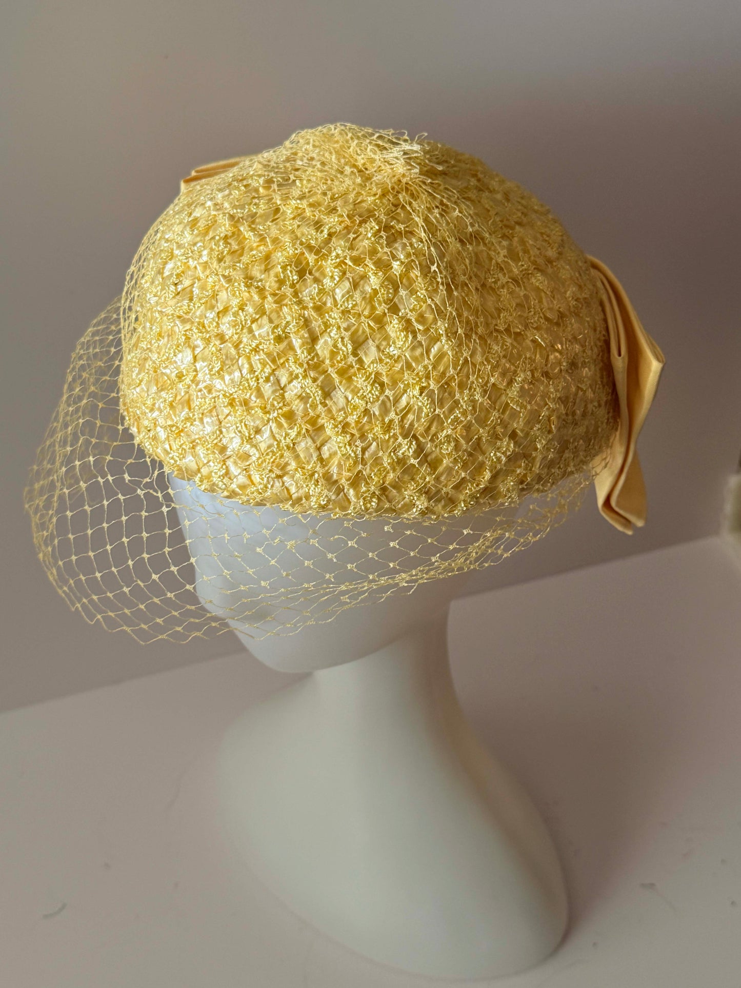 1950s Lemon Yellow Veiled Cocktail Hat Textured Ribbon Straw Mid Century Half Hat Vintage Bridal Spring Hat
