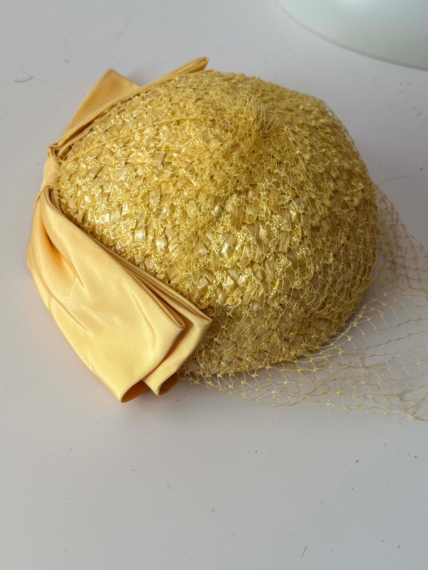 1950s Lemon Yellow Veiled Cocktail Hat Textured Ribbon Straw Mid Century Half Hat Vintage Bridal Spring Hat